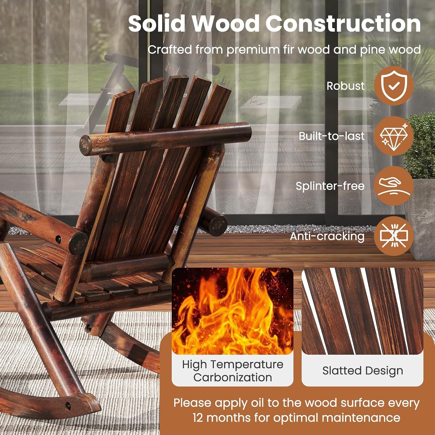 Giantex Outdoor Wooden Rocking Chair, Adirondack Porch Rocker with High Back and Wide Seat, Rustic Log Patio Chair for Front Porch Backyard Garden Balcony Deck, Brown (27'x36'x 38')