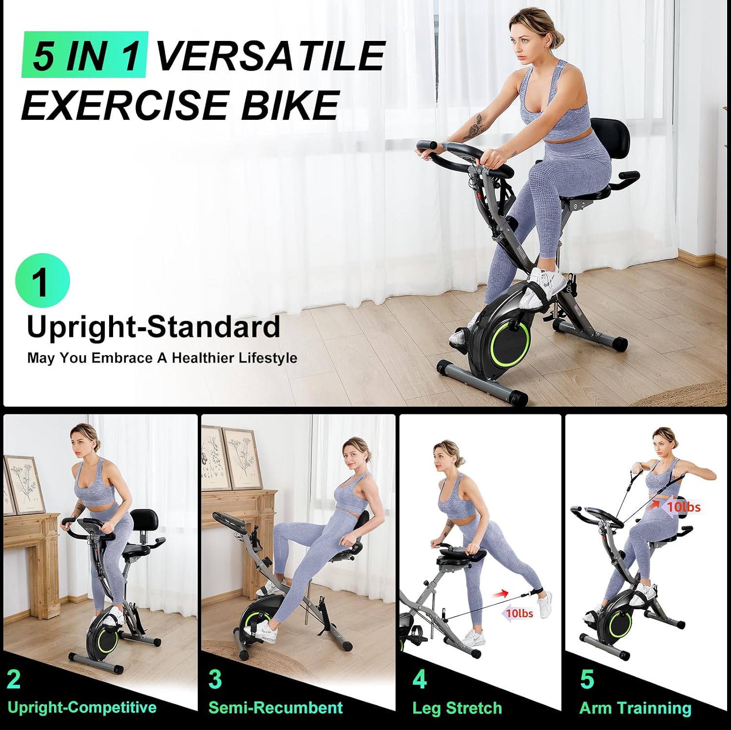 USLIM Foldable Exercise Bike Stationary Bikes for Home, 5 IN 1 Indoor Workout Bike, Cycling Bike with 16-Level Quiet Magnetic Resistance, 6.6 LBS Flywheel and 300LBS Capacity for Senior and Home Workout