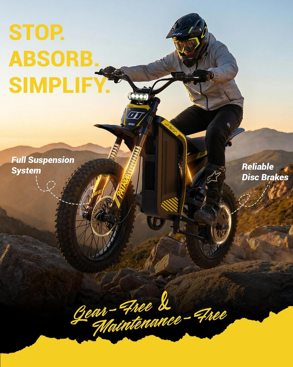 Jasion Patrol 52 Electric Dirt Bike for Adults&Teens,4000W Peak 40MPH Electric Bike with 52V 30AH 1560Wh Battery E Dirt Bike,50-Mile Range,19''/17''Off-Road Tires,Full Hydraulic Brakes&Dual Suspension
