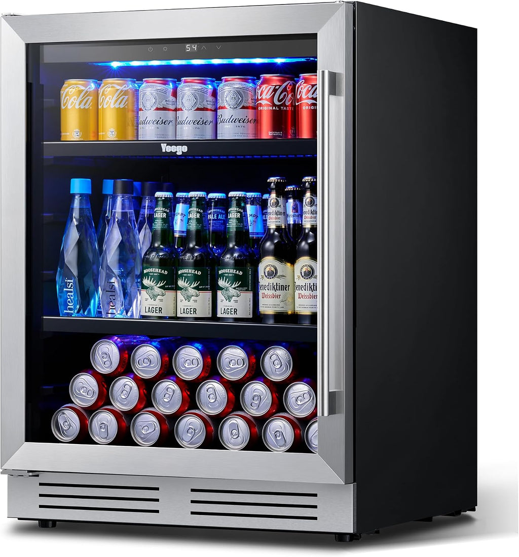 Yeego Beverage Refrigerator Cooler - 24 inch 180 Cans Mini Fridge with Glass Door, 34-54 ℉ Under Counter Refrigerator Built-in for Wine Beer Soda for Bar Bedroom Office(Left-Hinged)