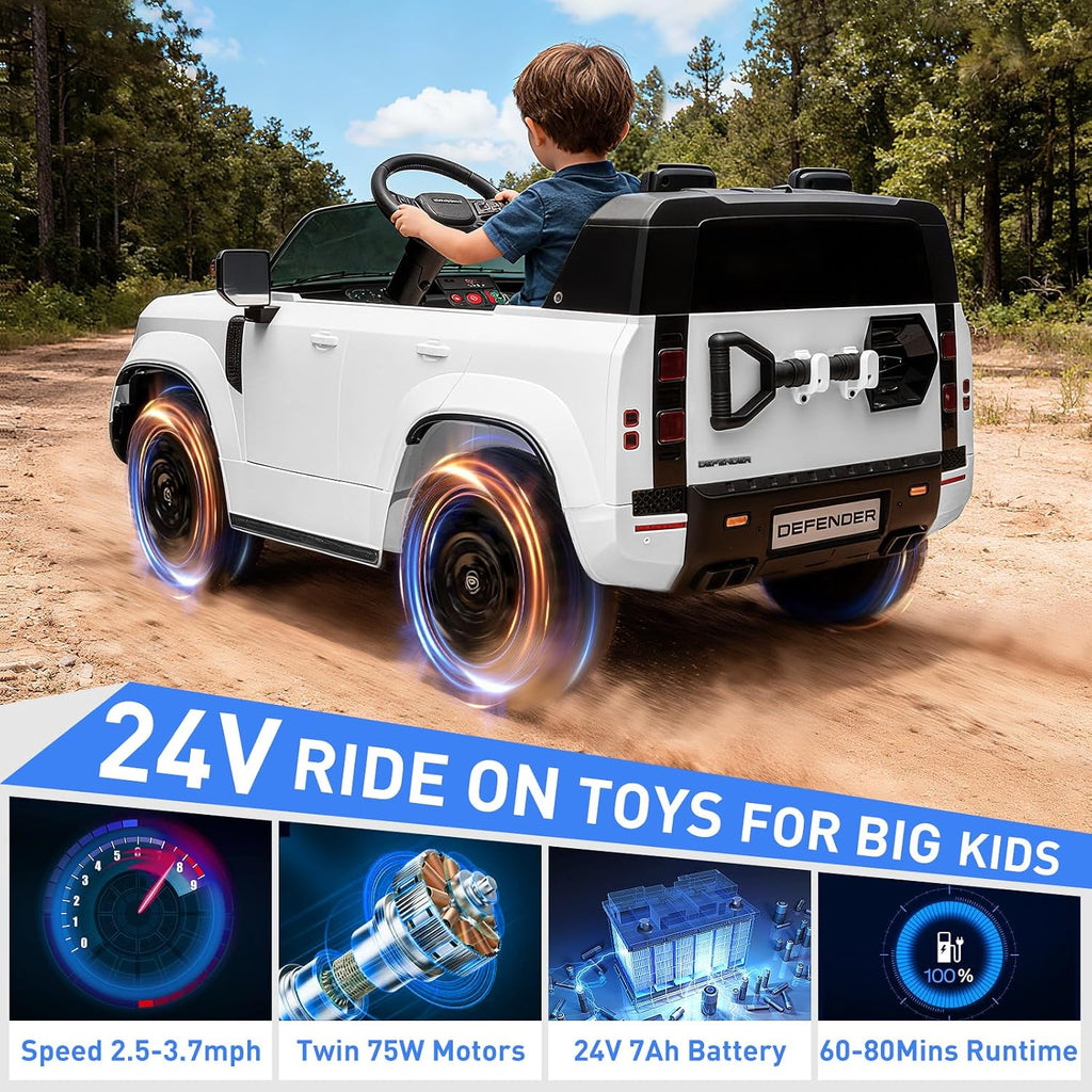 MINIATURE MOTORS 24V Ride on Toys for Big Kids, 2-Seater Toddlers Licensed Electric Car Remote Control, 3.7mph Max Speed, Bluetooth Music, Shovel, Seat Belt, 4-Wheeler Suspension, Boy Girl Gift-White