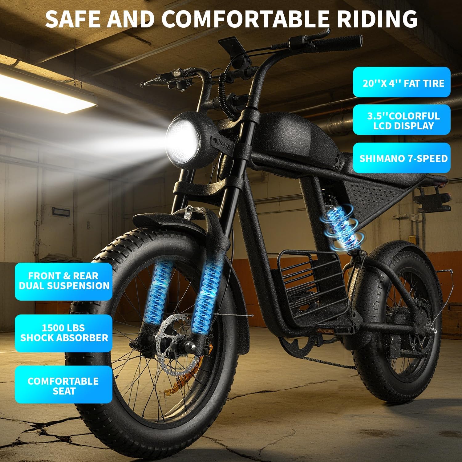 Electric Bike for Adults 48V 20AH Power 1500W Peak 35MPH Max 60 Miles Electric Motorcycle 20' Fat Tire Dirt Bike Shamano 7-Speed E-Bike for All Terrain Dirt Bike