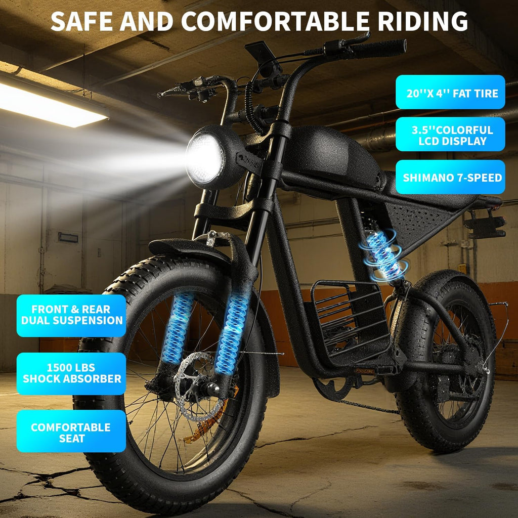 Electric Bike for Adults 48V 20AH Power 1500W Peak 35MPH Max 60 Miles Electric Motorcycle 20' Fat Tire Dirt Bike Shamano 7-Speed E-Bike for All Terrain Dirt Bike