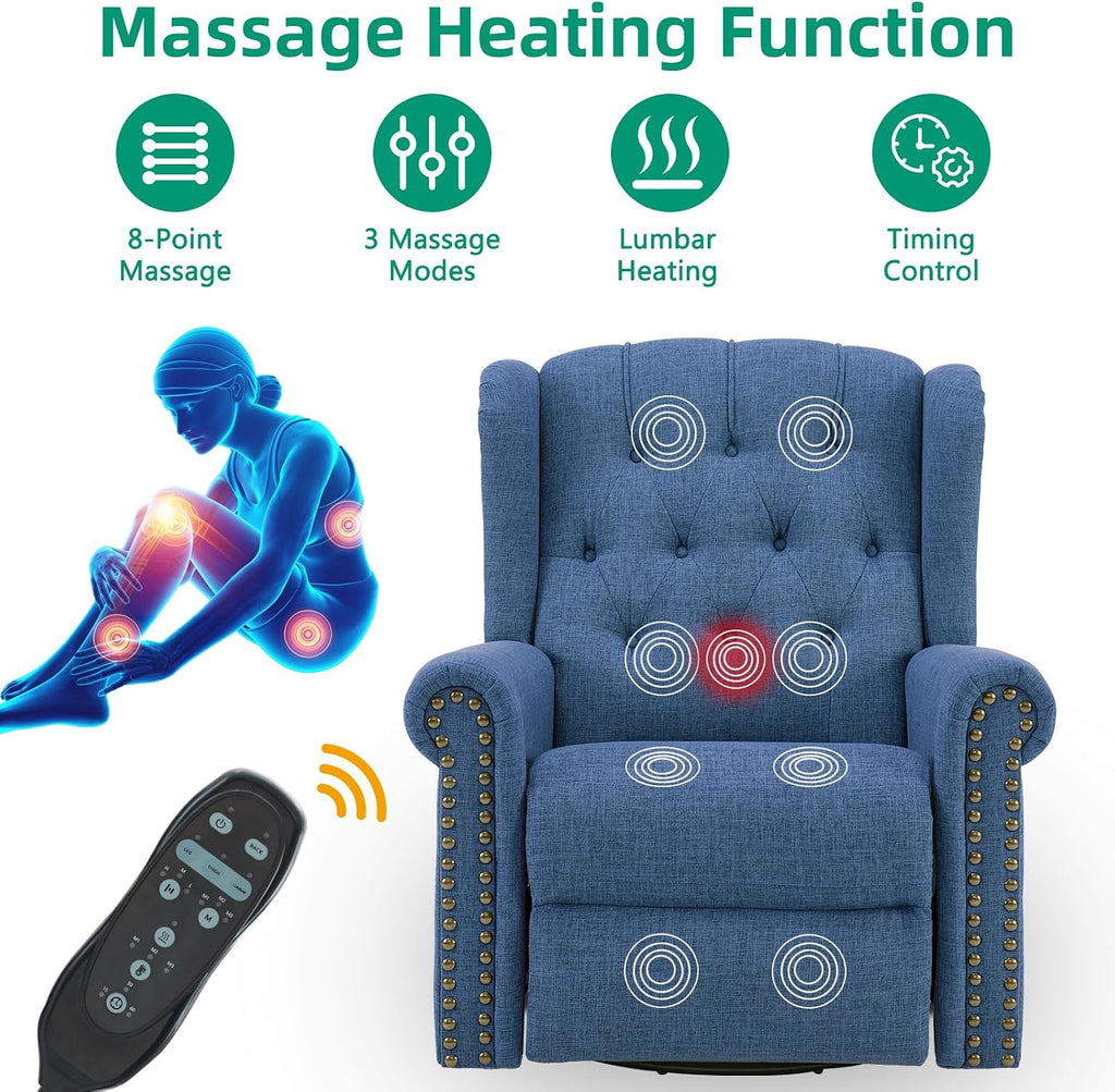 VIVIJASON Power Swivel Rocking Recliner Chair with Massage & Heat, Electric Rocker Glider Chair for Nursery, Wingback Tufted Upholstered Recliner W/Type-C & USB Ports for Living Room, Bedroom, Blue