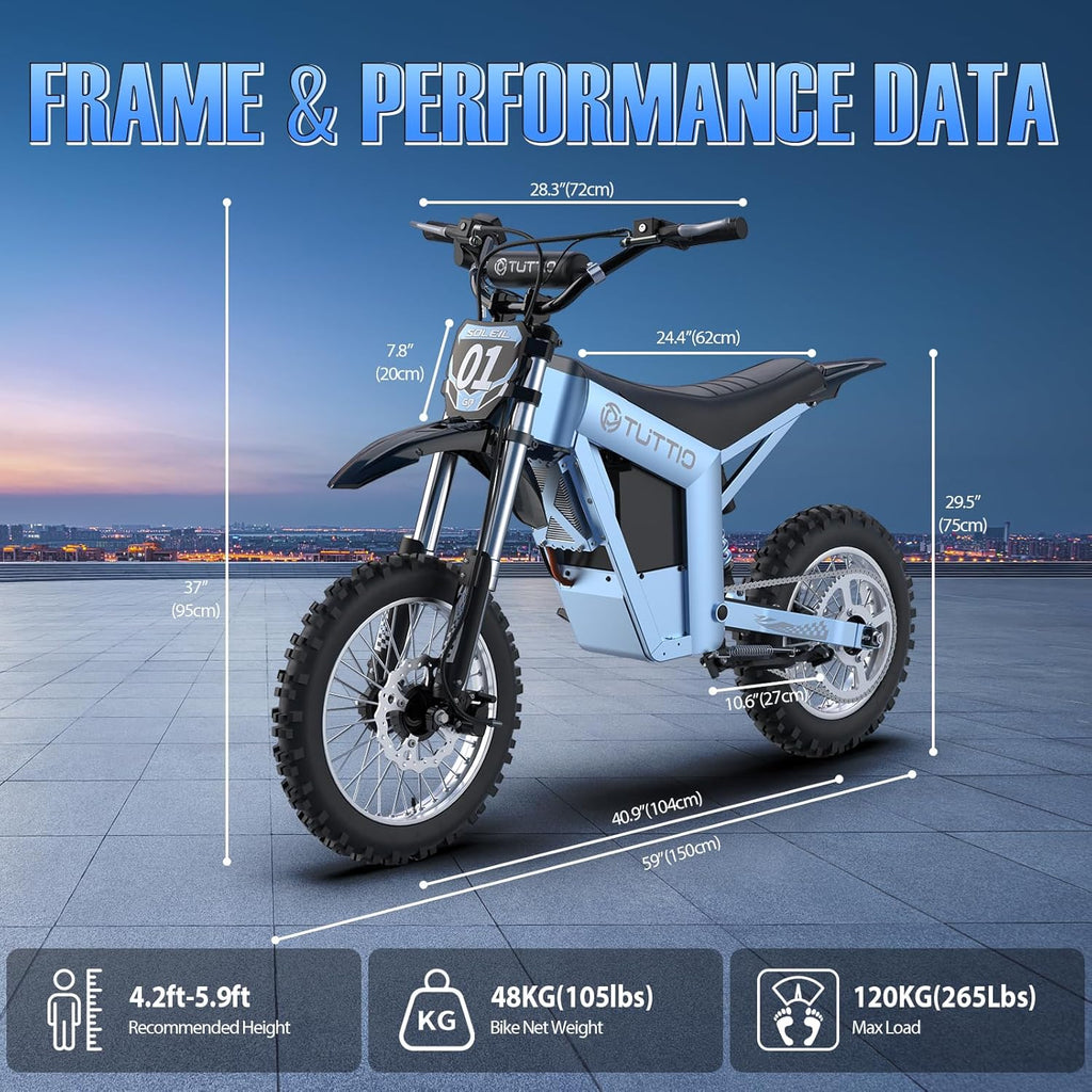 Tuttio Soleil01-GB Electric-Dirt-Bike - 2026 Upgrade 3000W Peak 37MPH E-Bike, 14'/12' Fat Tire E-Motorcycle with 48V 21AH Battery 200NM Mountain Off-Road Dirtbike for Adults Teens
