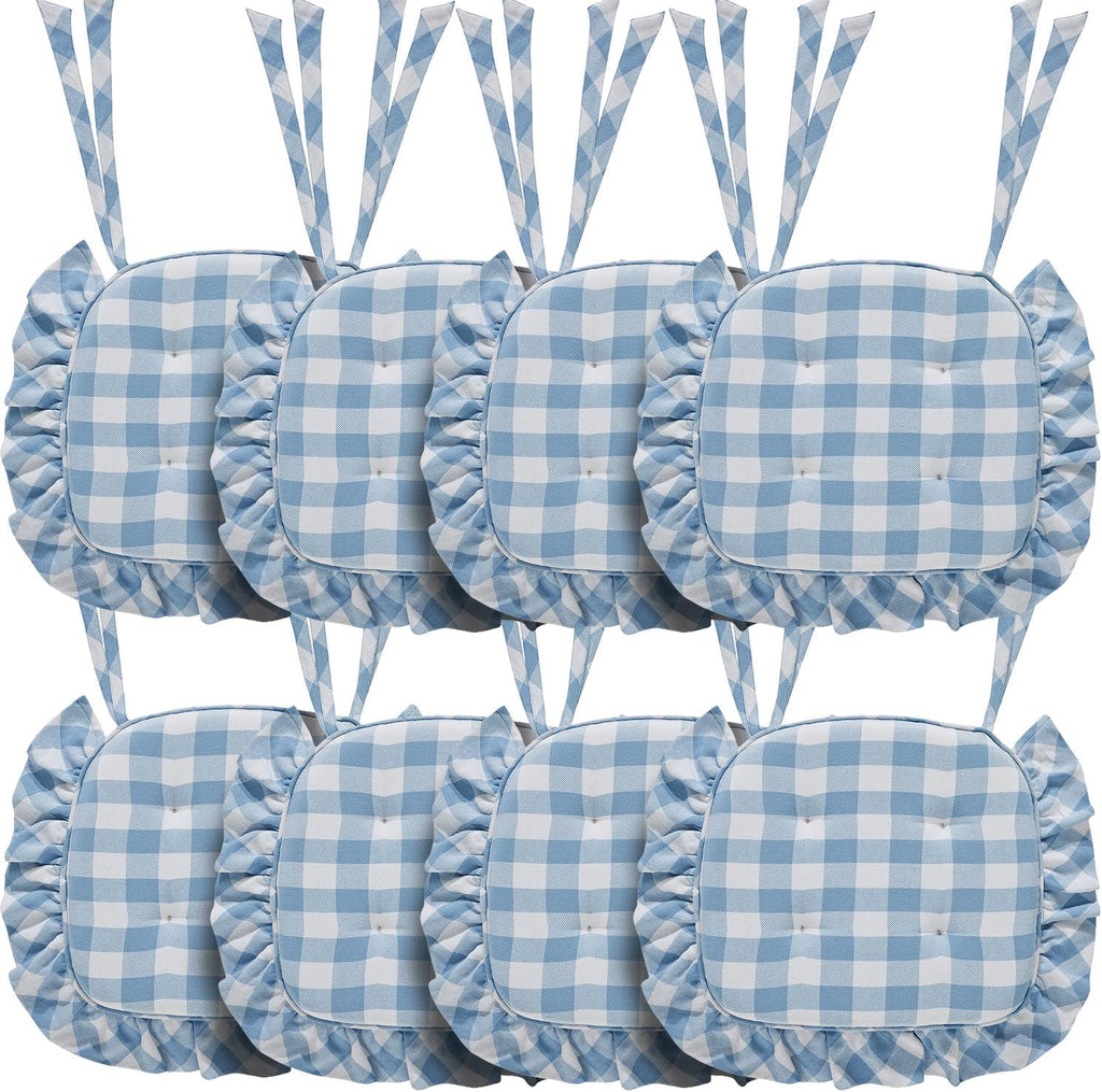 VHC Brands Chair Pad 16.5x18, Cotton Dining Room, Kitchen Chair Pads, Seat Cushion with Ties, Tucked, Annie Buffalo Check Collection, Rectangle 16.5x18, Dusk Blue, Set of 8