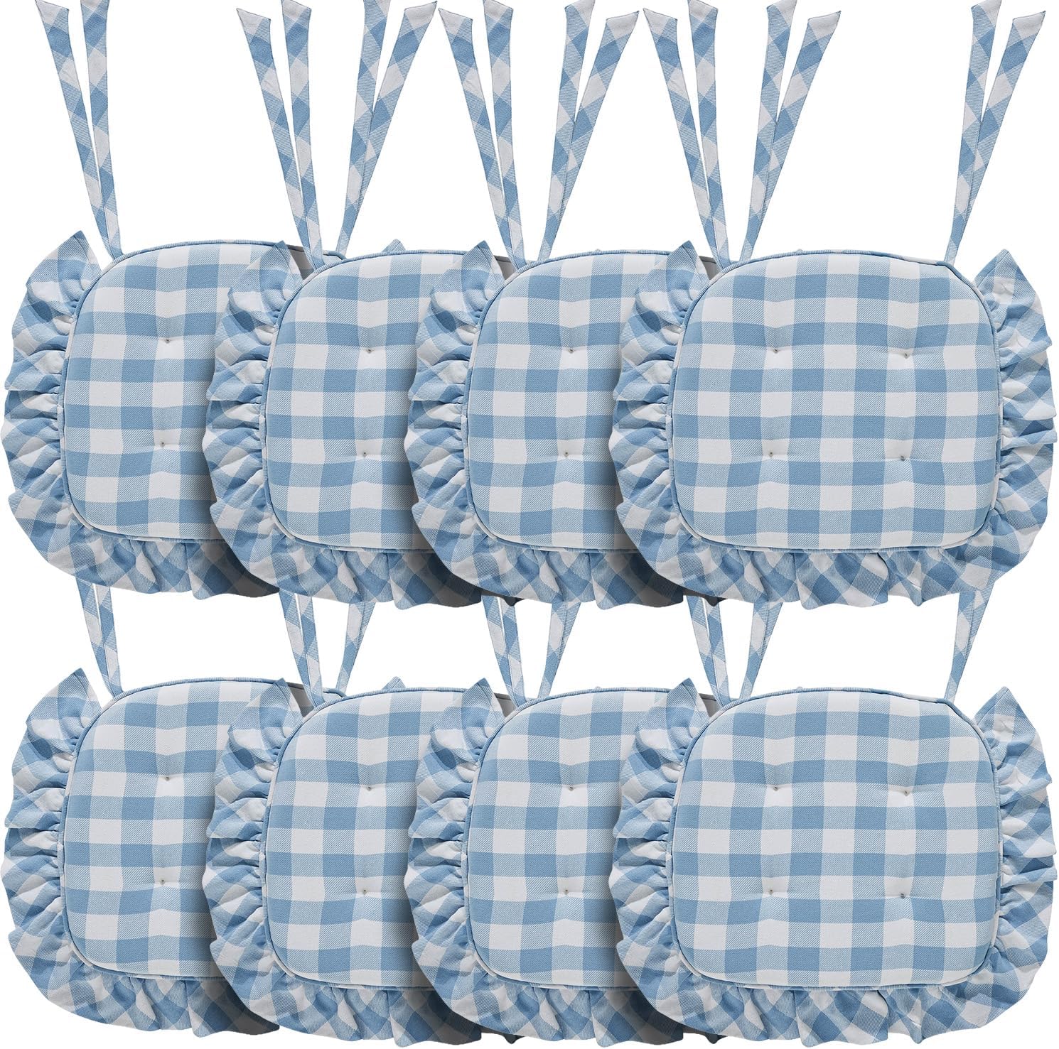 VHC Brands Chair Pad 16.5x18, Cotton Dining Room, Kitchen Chair Pads, Seat Cushion with Ties, Tucked, Annie Buffalo Check Collection, Rectangle 16.5x18, Dusk Blue, Set of 8