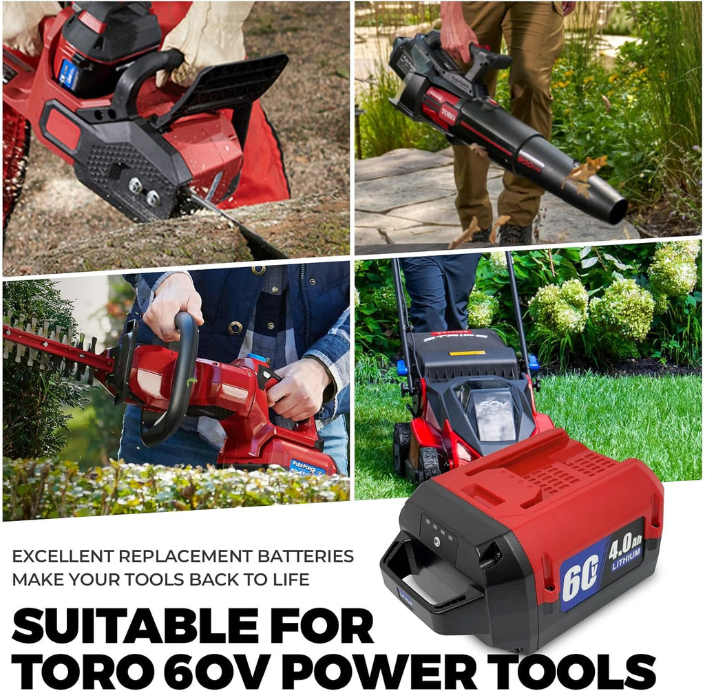 4.0Ah Replacement for Toro 60V Battery L108 L135 L216 L405 88620 88625 88660 88675 Chainsaw Cordless Lawn Mower Hair Dryer Power Tool, Compatible with Toro Flex Force 60 Volt Max Series (60V 4000mAh)