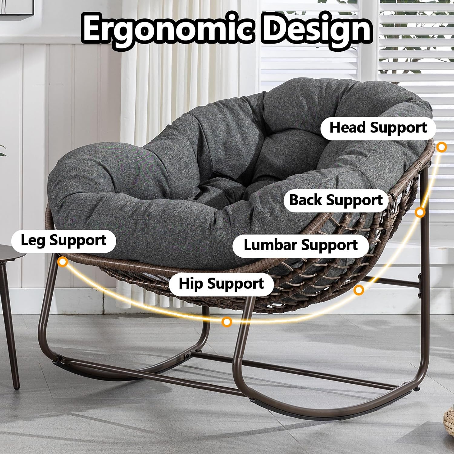 HRVEOCEI Papasan Rocking Chair with Cushion and Frame, Oversized Rocking Chair Indoor/Outdoor, Circle Chairs for Patio Garden Front Porch, Corduroy/Velvet (Grey)