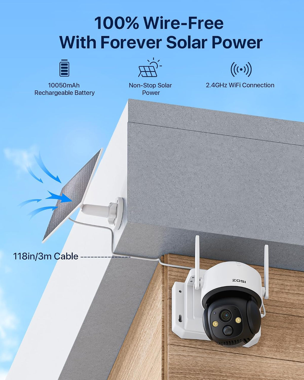 ZOSI C291 4 x 2.5K 4MP Wireless Battery Security Camera Outdoor, Solar Powered Pan/Tilt Camera, 360 View, Human Detect, Auto Track, Color Night Vision, 2-Way Talk, Light Siren Alarm, 32GB Memory Card