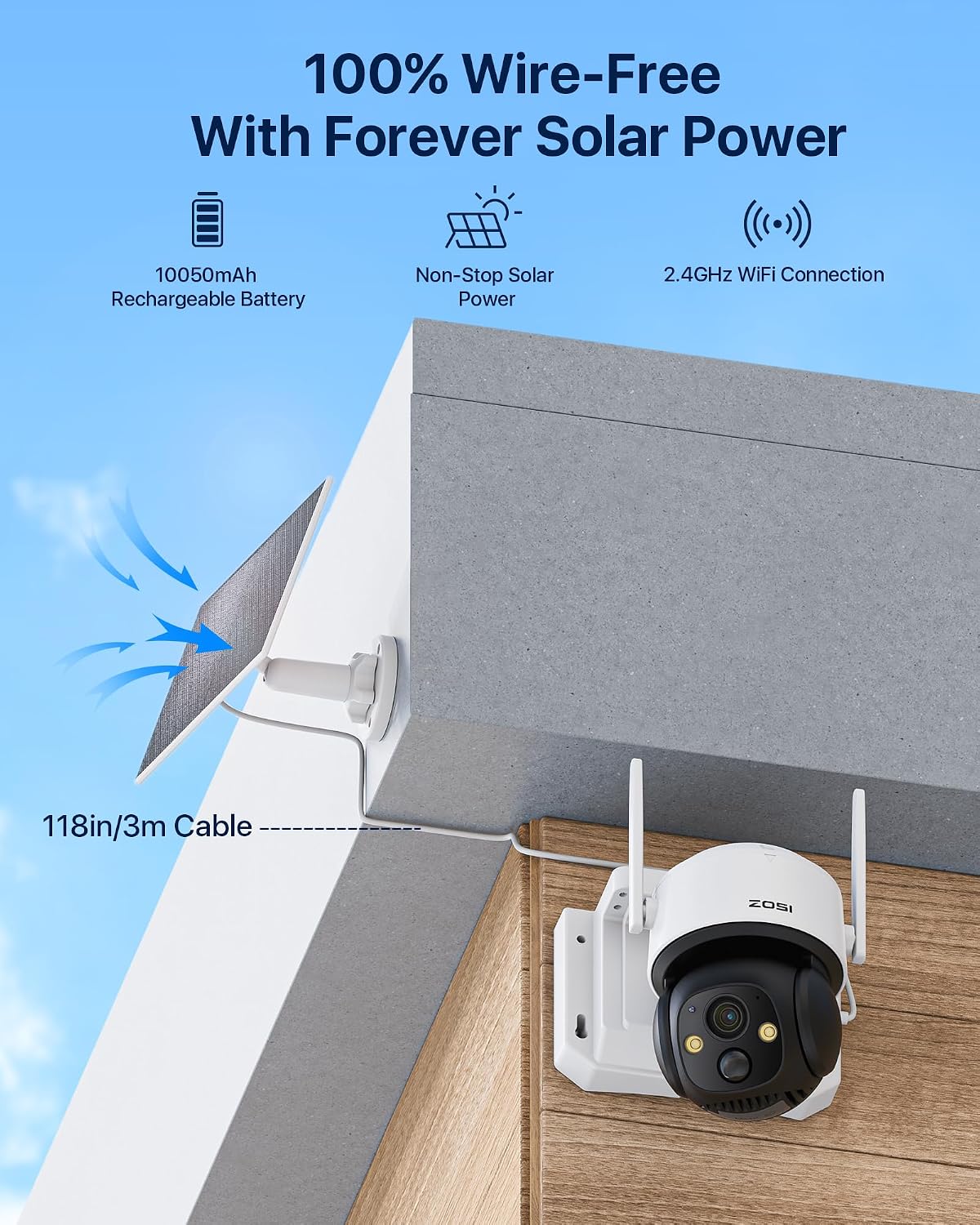 ZOSI C291 4 x 2.5K 4MP Wireless Battery Security Camera Outdoor, Solar Powered Pan/Tilt Camera, 360 View, Human Detect, Auto Track, Color Night Vision, 2-Way Talk, Light Siren Alarm, 32GB Memory Card