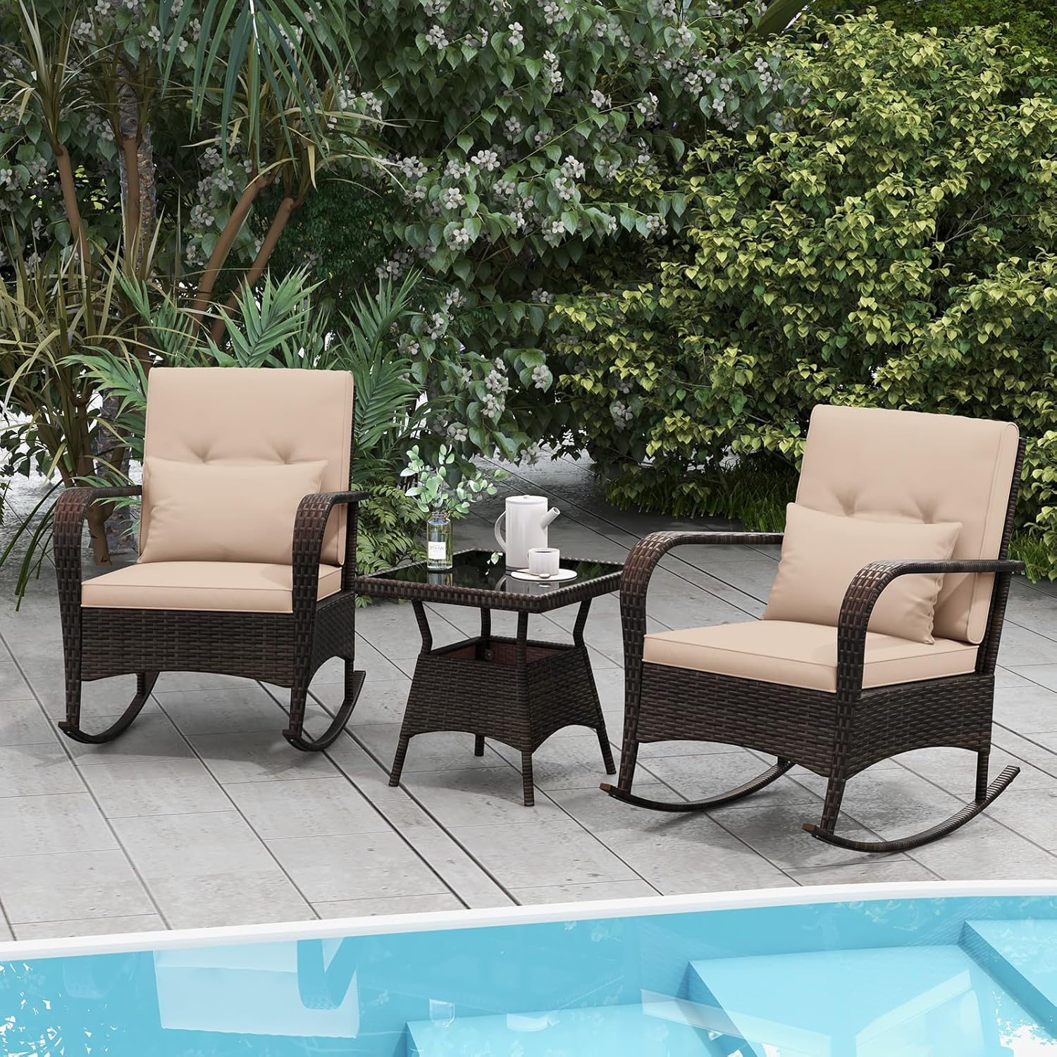 Tangkula 3 Pieces Rocking Bistro Set, Patiojoy Outdoor PE Rattan Rocker Chairs with Removable Cushions & Tempered Glass Top Coffee Table, Outdoor Wicker Furniture Set for Porch, Garden (Brown)