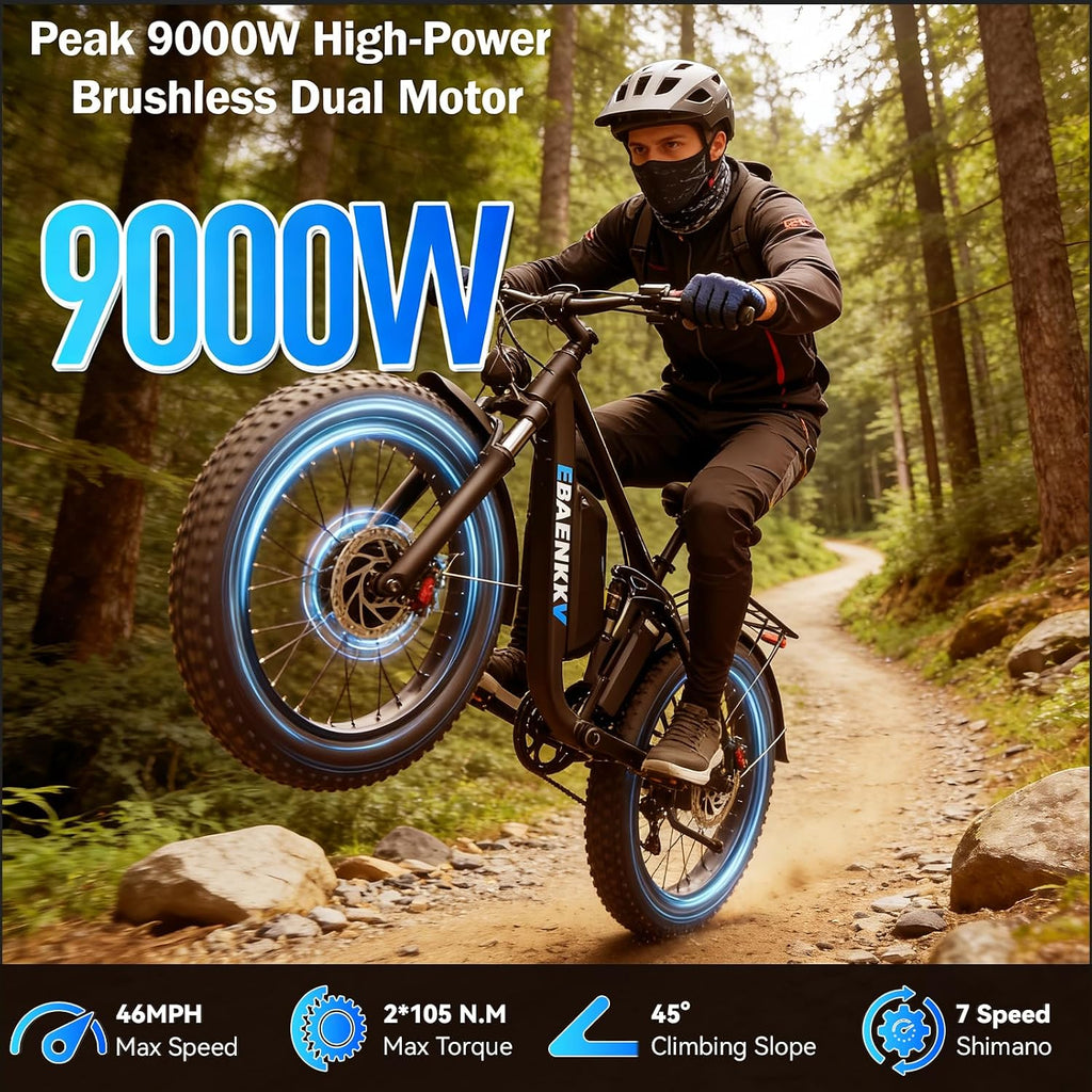 9000W Peak Dual Motor Electric Bike for Adults, 46MPH 100 Miles Long Range Ebike, 52V 34Ah Removable Battery, 7 Speed, Full Suspension 24' Fat Tire E-Bike for Mountain Off-Road Commuter Snow