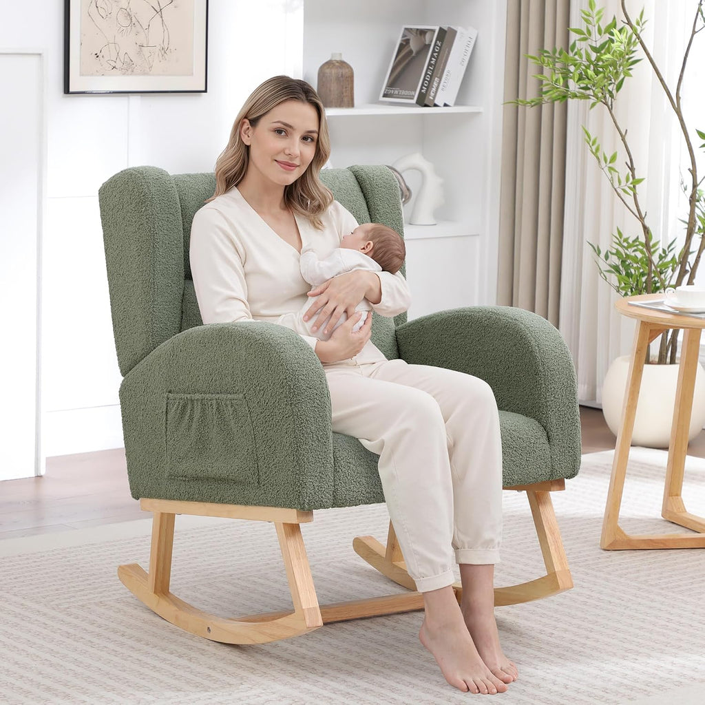 HCHAIRH Nursery Rocking Chair,Wingback Nursery Rocking Chairs,Nursing Glider Rocker Chair with High Back for Living Room Bedroom(Teddy Green)