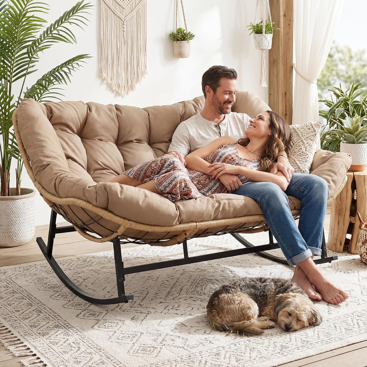 RADIATA Oversized Double Rocking Papasan Chair, Extra Wide Patio Rocker for 2 Adults, PE Wicker Egg Chair with Cushion, Heavy Duty Comfortable Outdoor Furniture for Garden, Balcony or Sunroom