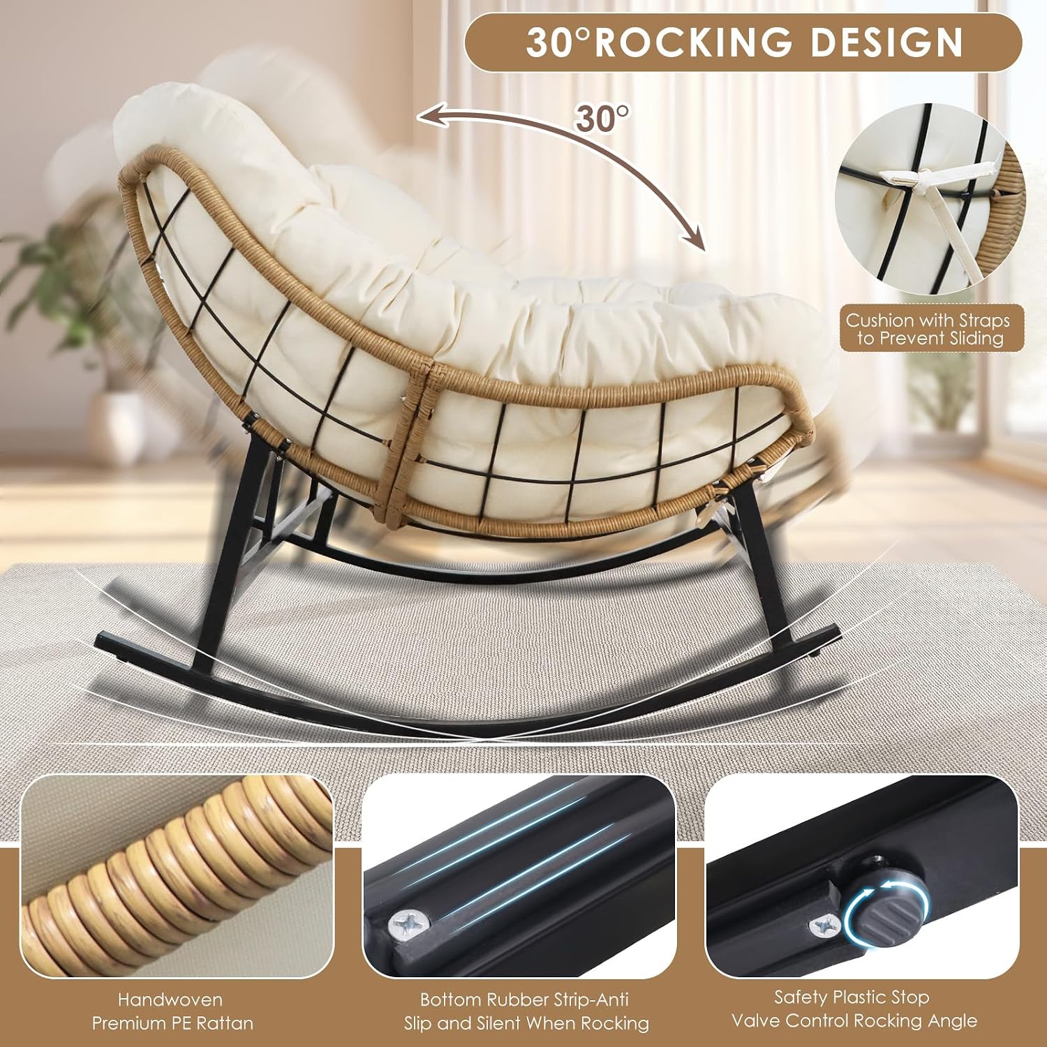 RADIATA Oversized Patio Rocking Chair for 2, Outdoor Double Papasan Chair with Cushion and Frame for Relaxing/Reading, Heavy-Duty Comfy Wicker Loveseat Recliner for Garden, Deck, Livingroom
