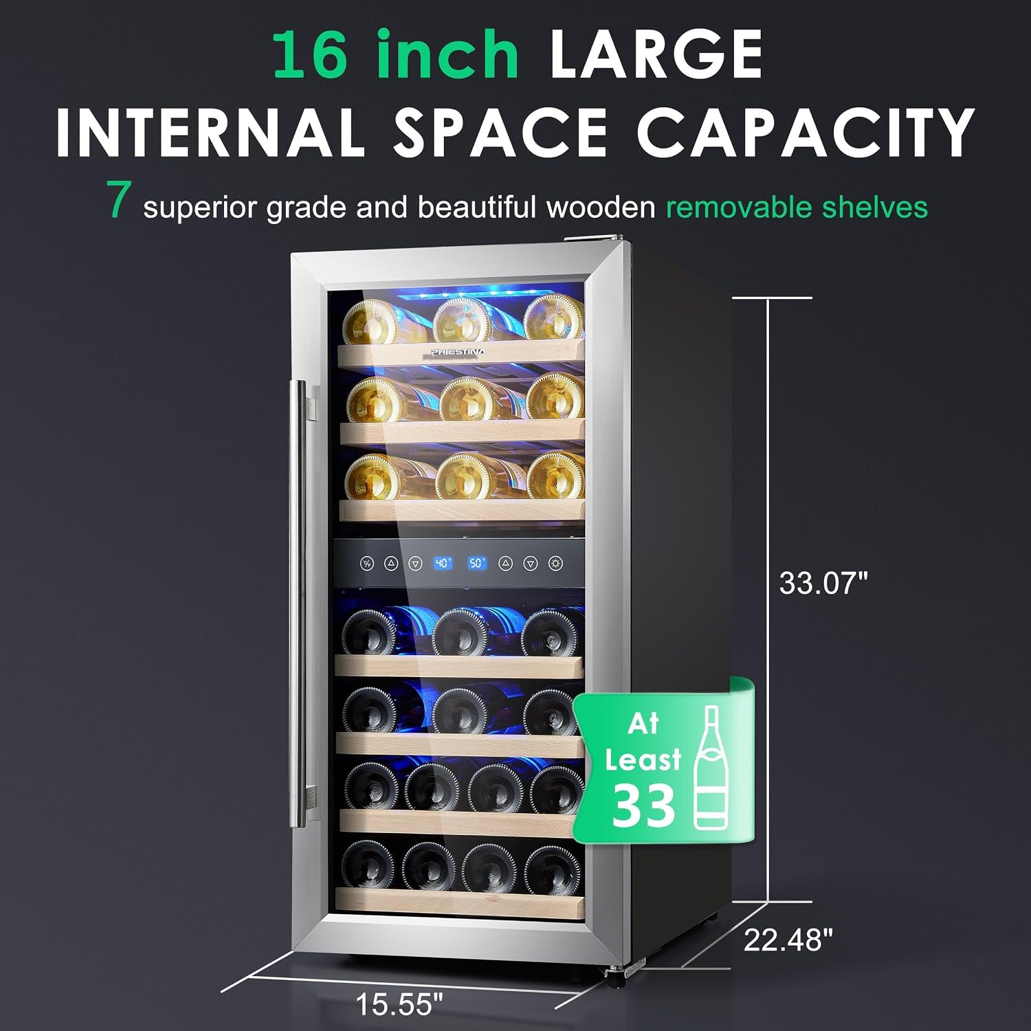 Wine Fridge 15/16 Inch 33 Bottle Dual Zone Wine Cooler, 40-66℉ Freestanding Glass Door Wine Refrigerator with 7 Wooden Shelves, Blue LED Light for Red/White