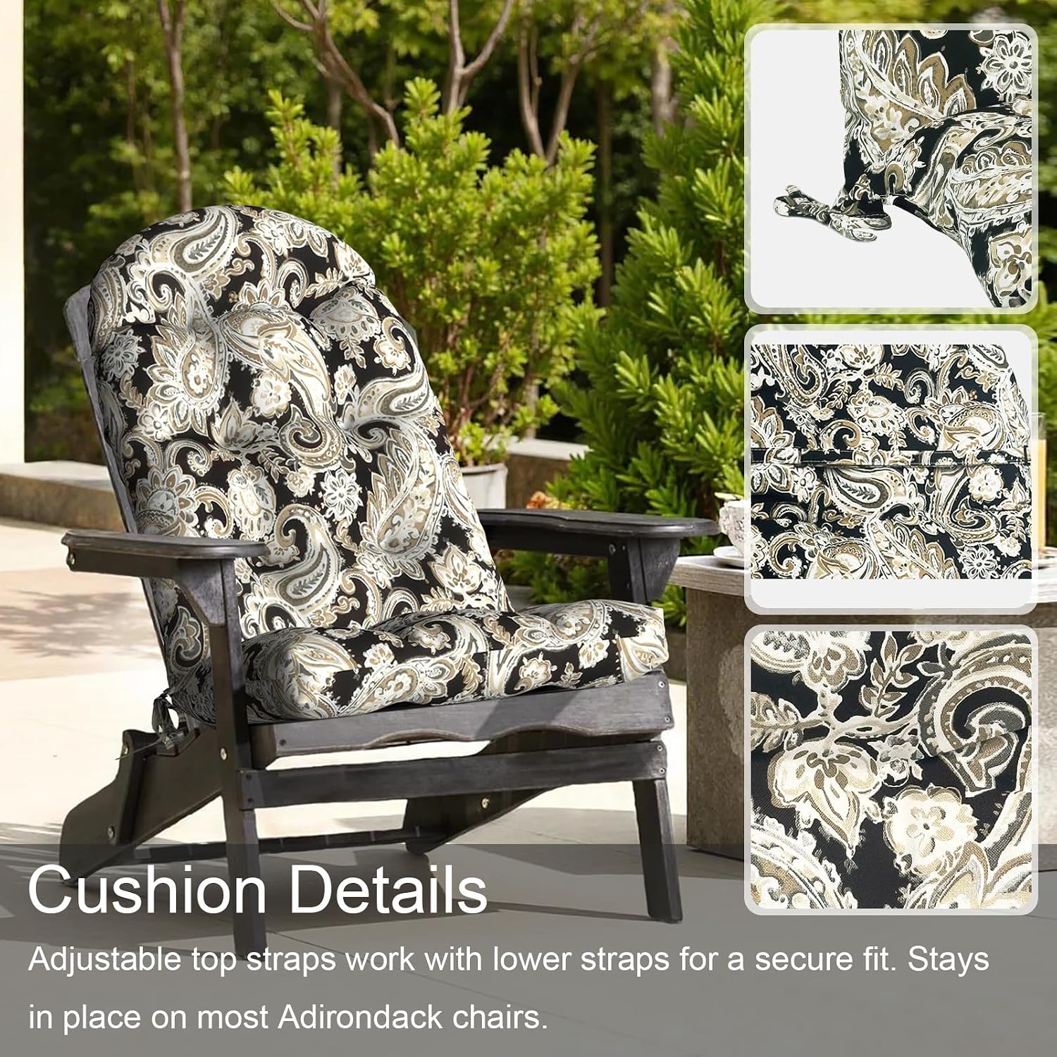 LVTXIII Outdoor Adirondack Chair Cushions, 44x19x4 Inch Non-Slip High Back Rocking Chair Cushion, Tufted Seat Cushion for Patio Furniture, Set of 2, Paisley Black
