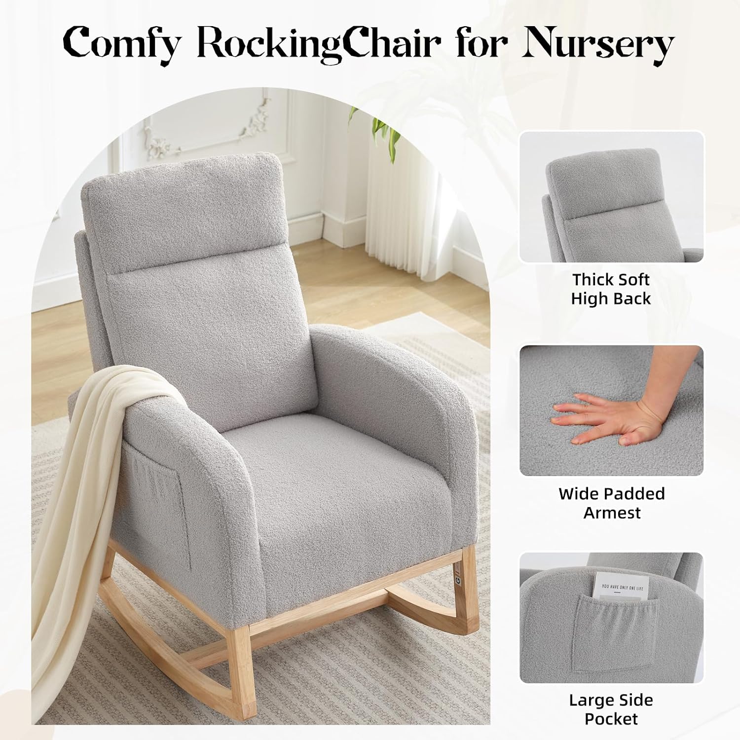 Nursery Rocking Chair, Comfy Modern Glider Rocking Chair with High Backrest and Armrest, Teddy Upholstered Rocking Accent Chair with Side Pockets for Living Room, Bedroom, Office,Gray