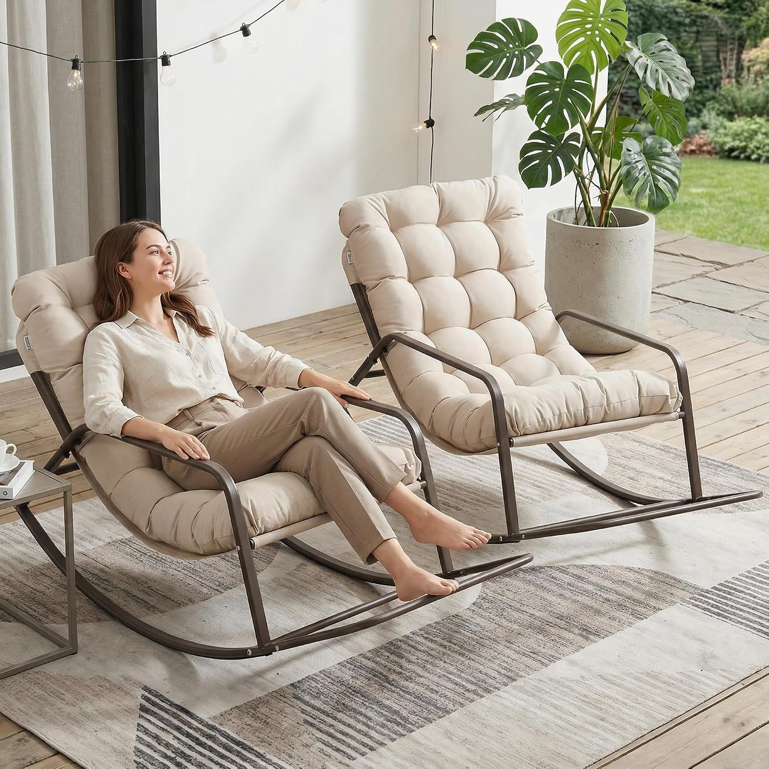NICESOUL Papasan Rocking Chair Set of 2 with Footrest, Outdoor Rocking Chair with Cushion, Oversized Patio Rocker, Modern Lounge Comfort, Heavy Duty Steel Frame, Indoor Porch, Beige