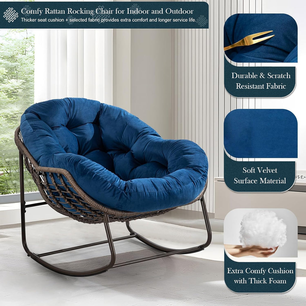 Outdoor Rocking Chair,Patio Oversized Rattan Egg Chair,Indoor Outside Padded Cushion Rocker Recliner Chair,Modern Lounge Chair for Front Porch,Garden,Backyard,Balcony,Deck,Navy Blue,Set of 1