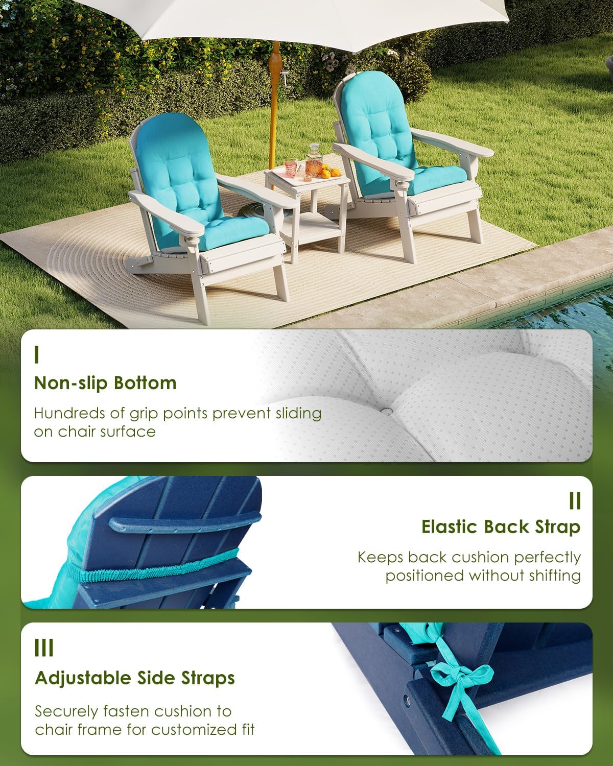 GREENVINES Adirondack-Chair-Cushions-Set-of-4 | Polyester | Waterproof | Outdoor High Back Rocking Chairs Cushion | Seat with Ties | Non-Slip | Thickened Pad for Patio | 44.5' x 18.9' x 4.5' | Arctic