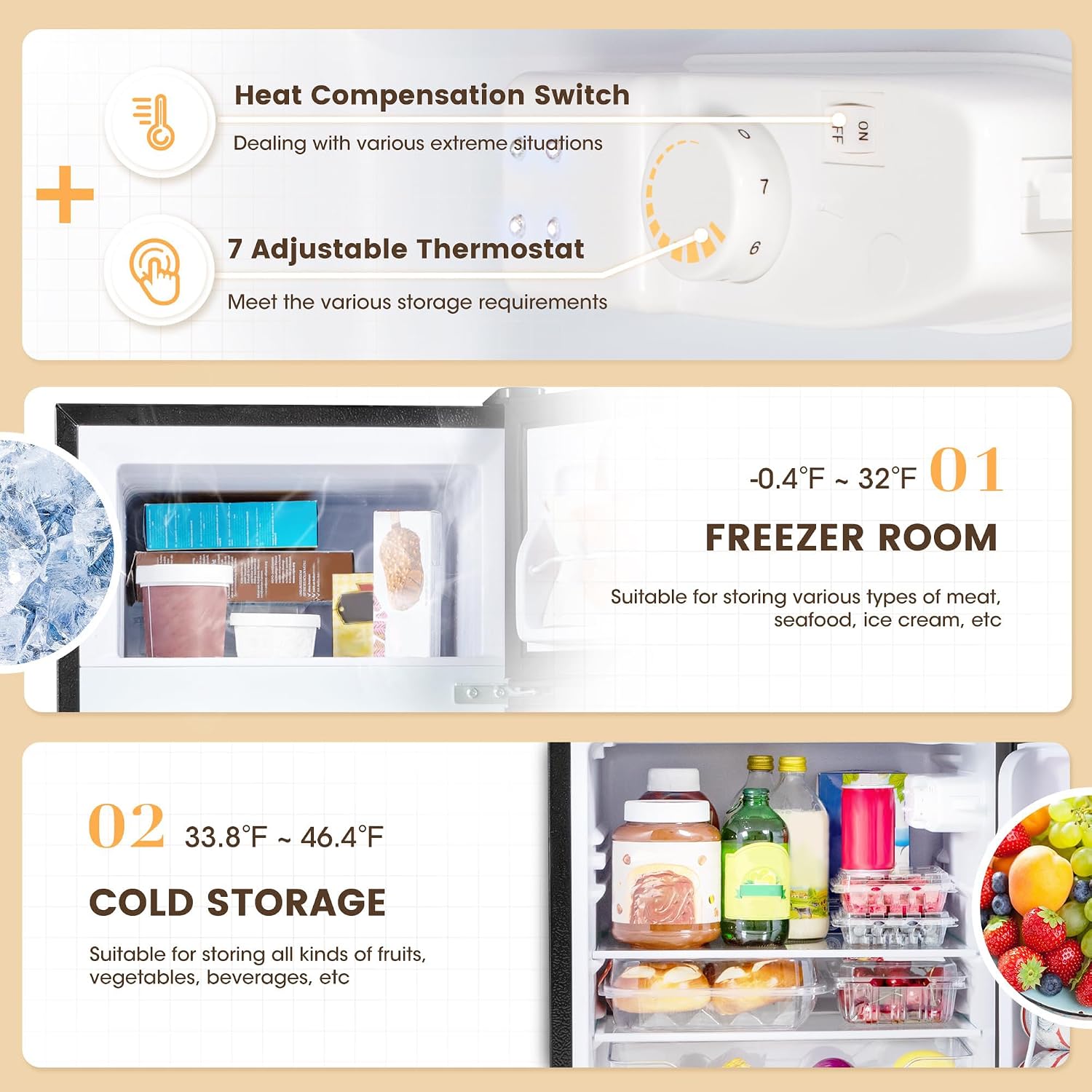 Manastin 3.5 Cu.Ft 2 Door Mini Fridge with Freezer, Small Refrigerator, 7 Level Adjustable Thermostat, Compact Fridge for Living Room, Dorm, Office, Kitchen and Apartment (Silver)