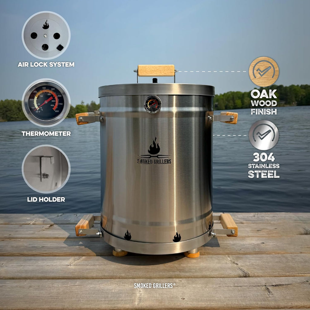 Barrel Smoker Grill Combo | 100% 304 Stainless Steel Barrel | 95% Less Smoke, Even Heat | Easy to Use & Clean – Vertical Smoker Ideal for Balconies and Backyards (MEDIUM-25 LBS)