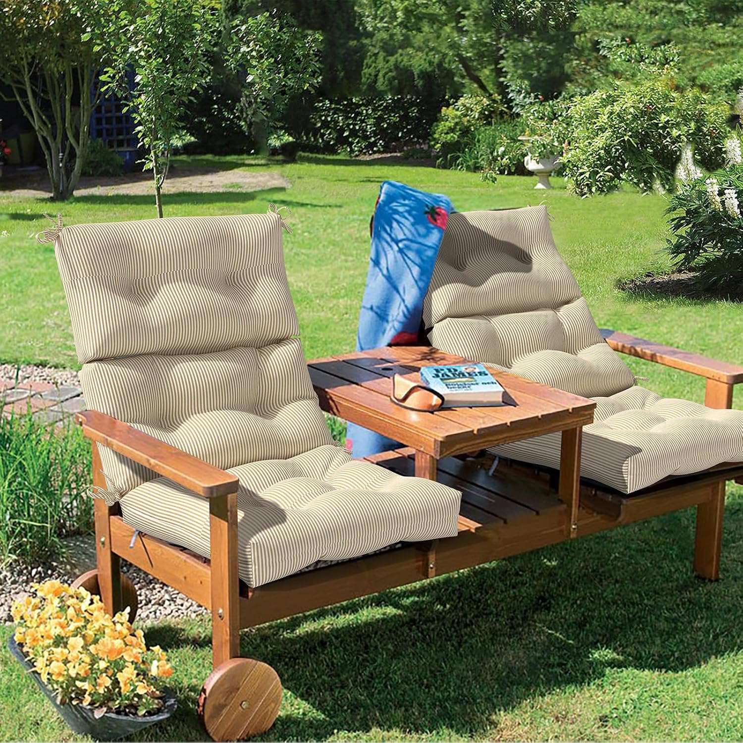Outdoor High Back Patio Chair Cushions, Tufted Rocking Chair Cushions, Adirondack Cushions for Garden Porch Home Office Chairs Use, 44' x 22' x 4', 2 Pack, Stripe Beige