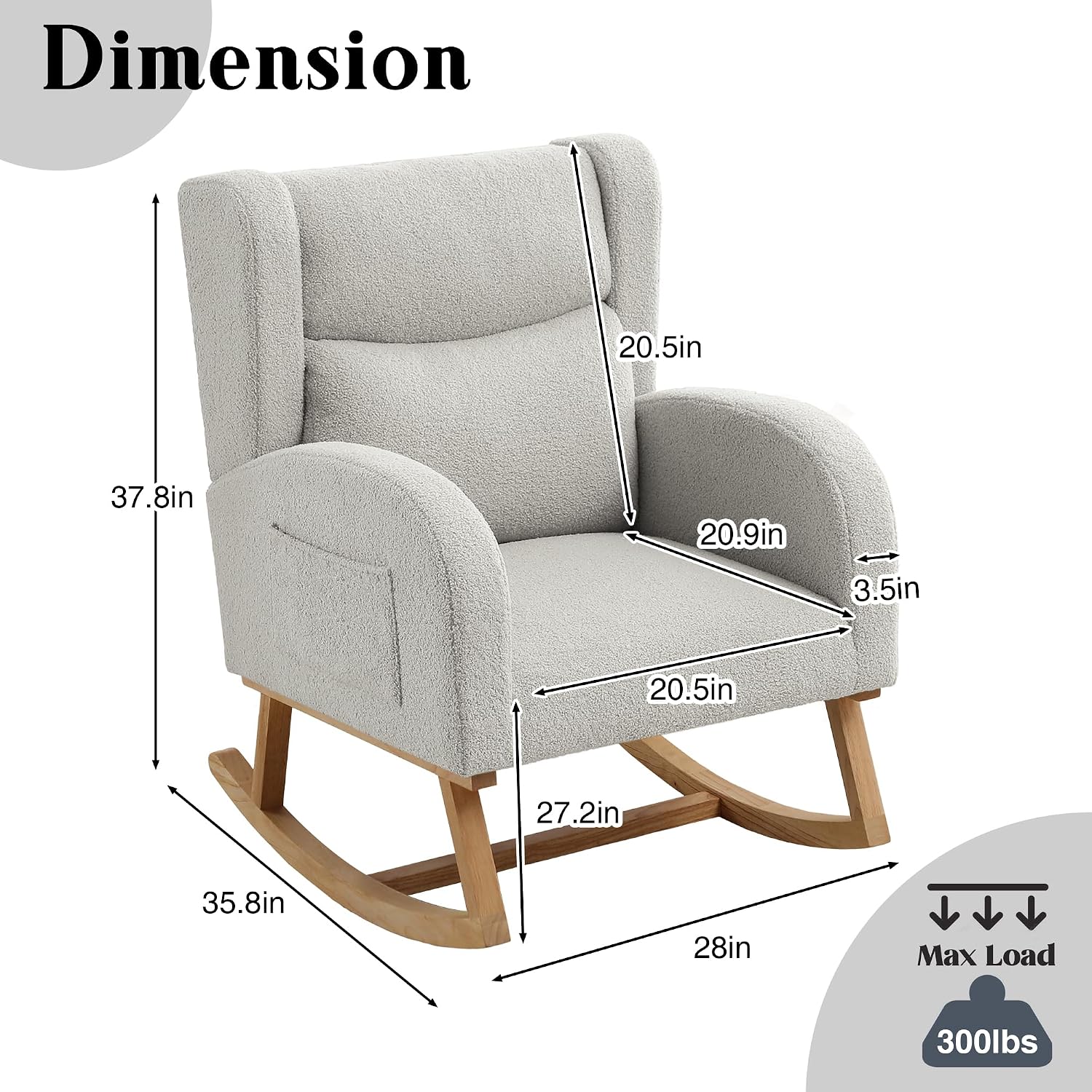 HCHAIRH Nursery Rocking Chairs Upholstered Rocking Chair for Nursery Cozy High Backrest Modern Indoor Rocking Chair for Living Room Bedroom Adults (Teddy Light Gray)