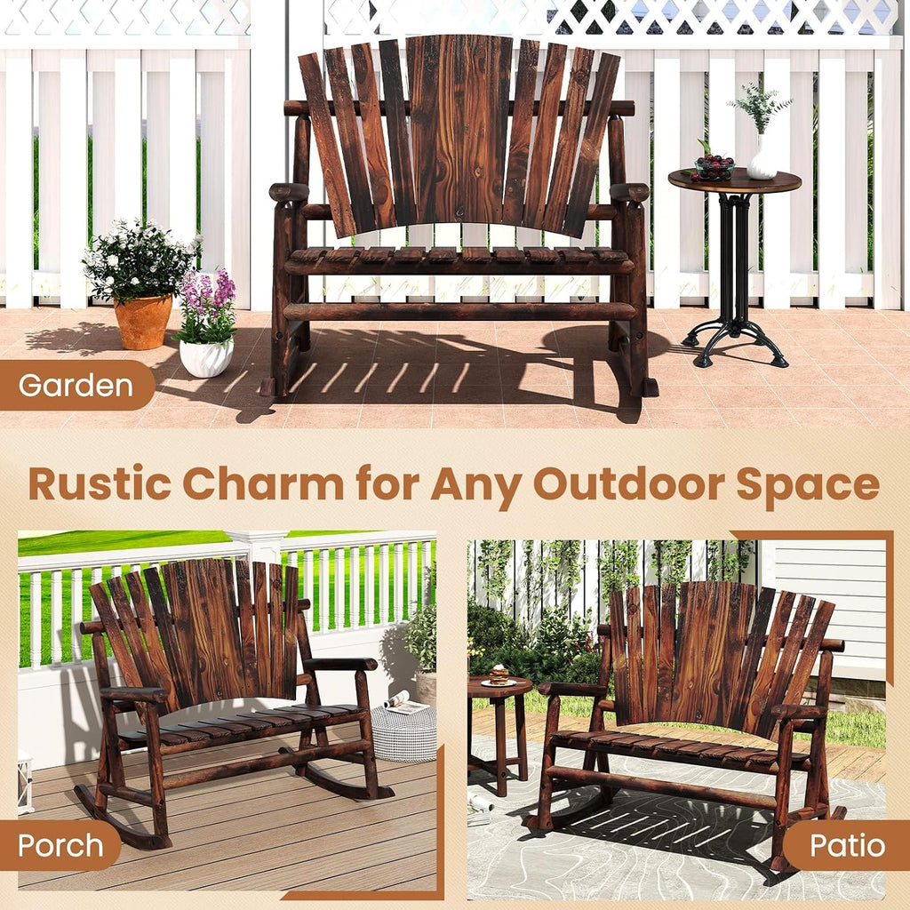 Giantex Outdoor Wooden Rocking Bench, 2-Person Adirondack Porch Rocker Chair with High Back and Slatted Seat, Rustic Log Loveseat for Front Porch Patio, Backyard, Garden, Brown, 51'x38'x46'