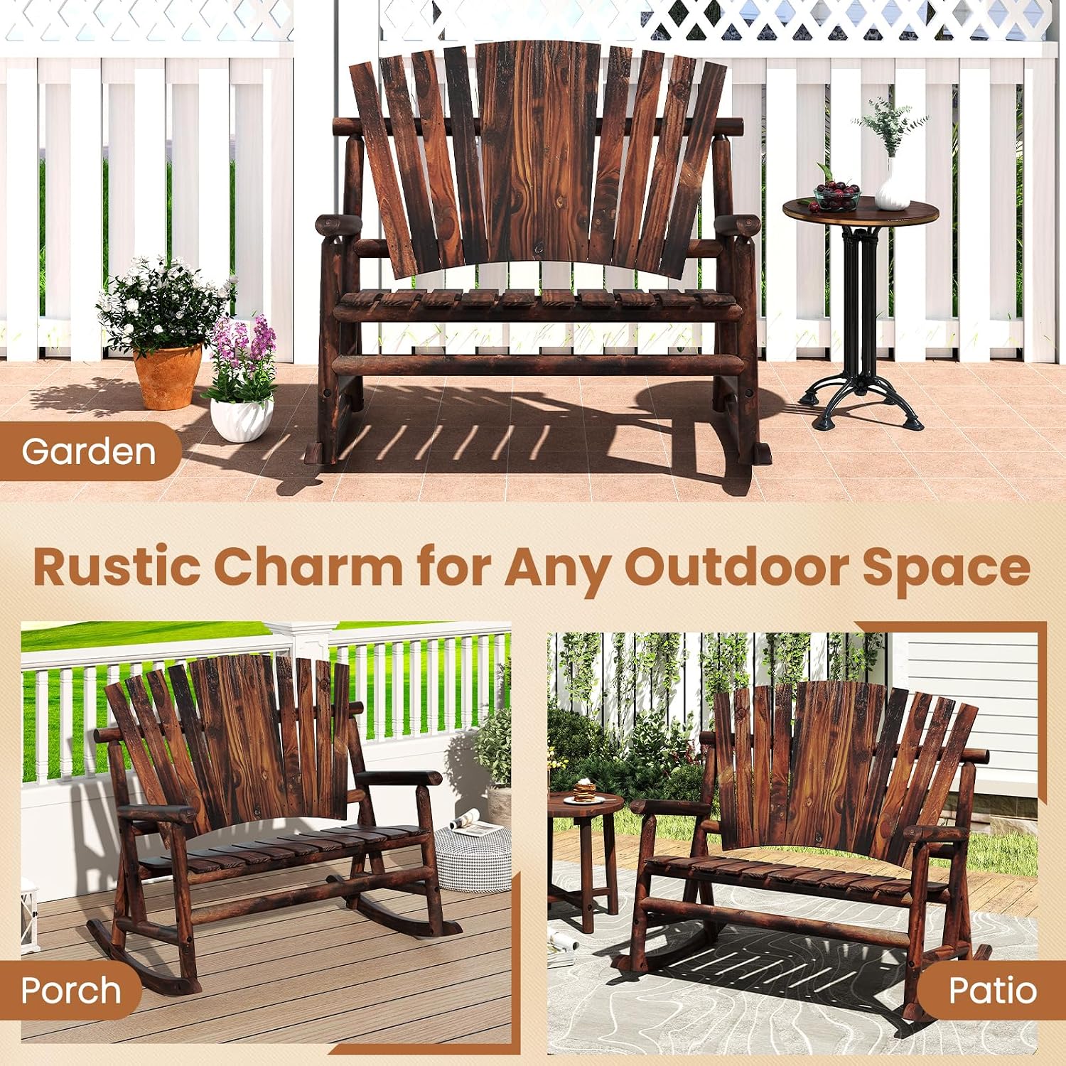 Giantex Outdoor Wooden Rocking Bench, 2-Person Adirondack Porch Rocker Chair with High Back and Slatted Seat, Rustic Log Loveseat for Front Porch Patio, Backyard, Garden, Brown, 51'x38'x46'