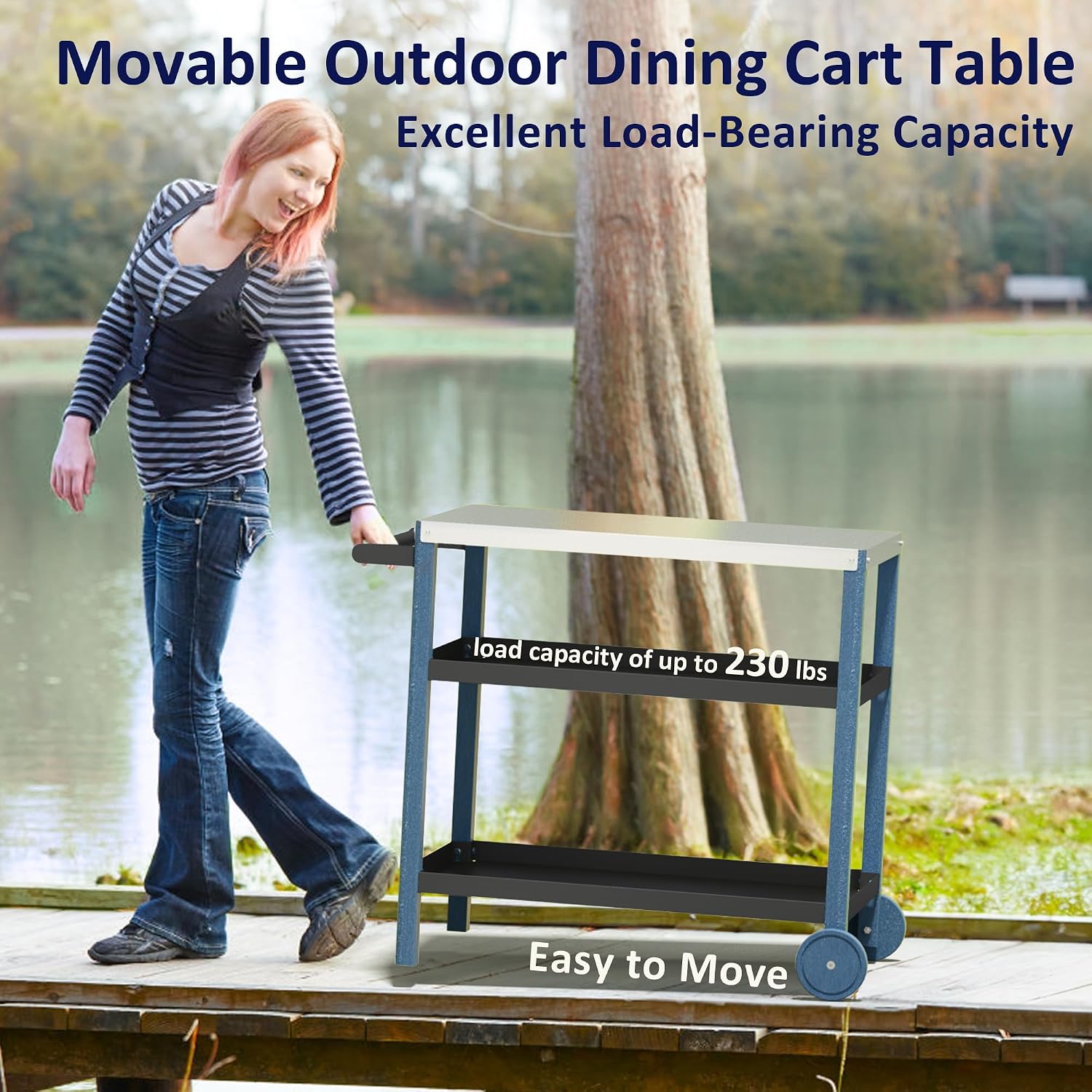TORVA Outdoor Prep Grill Cart, Honeycomb Style Wear-Resistant Tabletop with High Load-Bearing Portable BBQ Cart, HDPE Durable Frame 3-Tier Storage Cart, Navy Blue+Blue