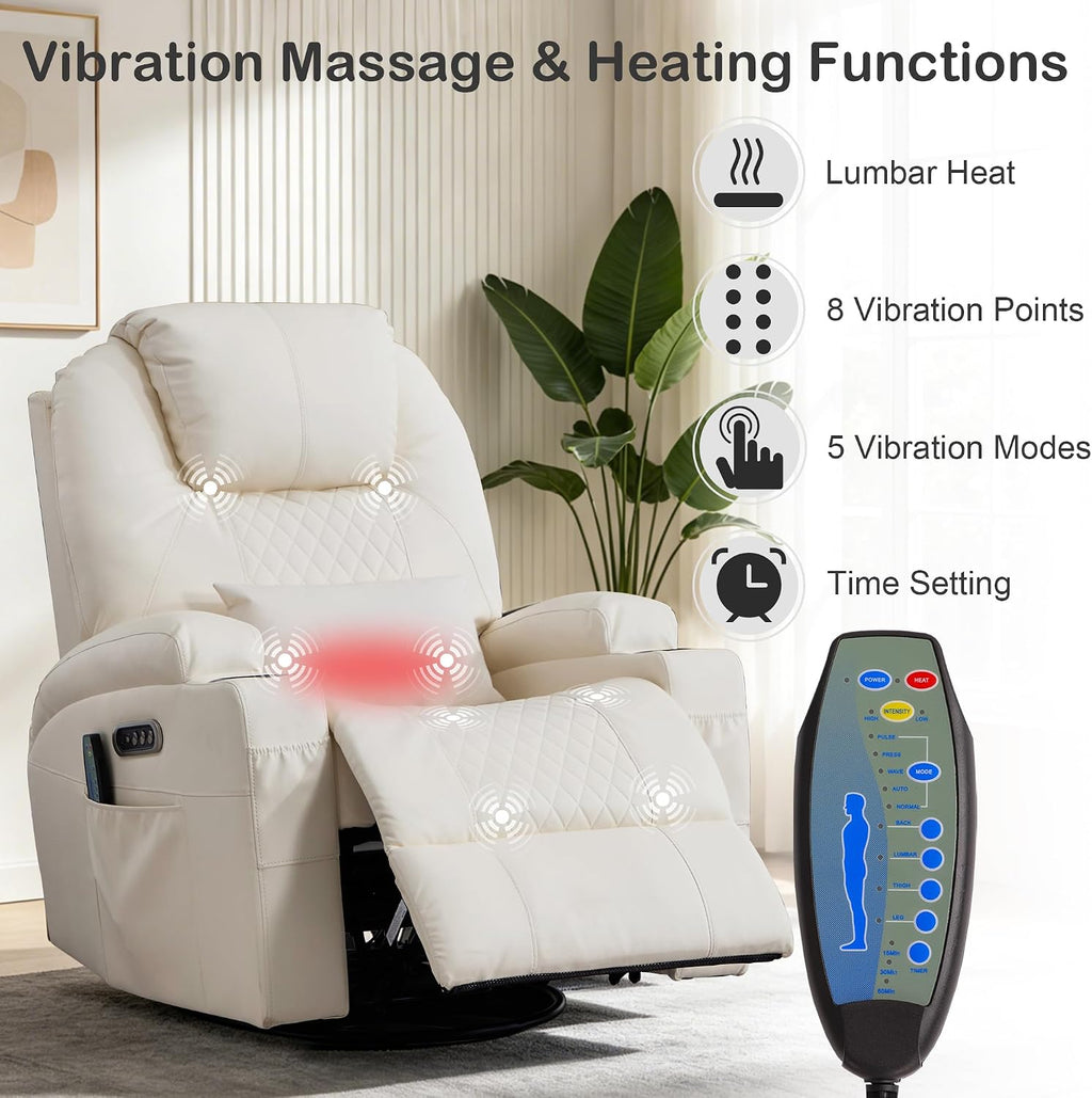 Power Swivel Rocker Recliner with Dual Motor, 240° Electric Glider Recliner with Heat & Massage, Rocking Chair Theater Seating with LED/Lumbar Pillow/USB Port/Cup Holders（Faux Leather Beige, 1）
