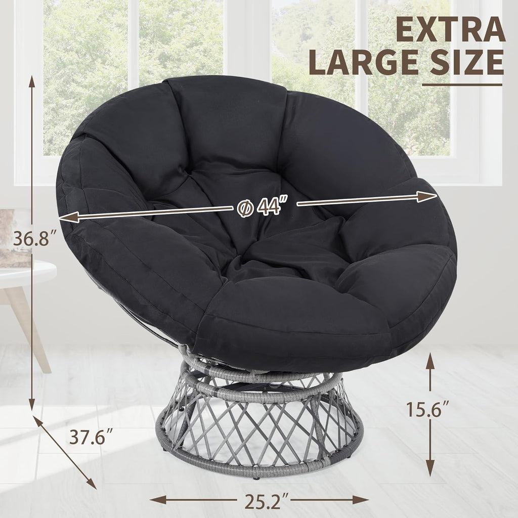 KROFEM 46' Giant Oversized Rattan Papasan Chair with Cushion and Frame for Adults, Fluid 360° Swivel, Waterproof, Grey Frame with Black Cushion