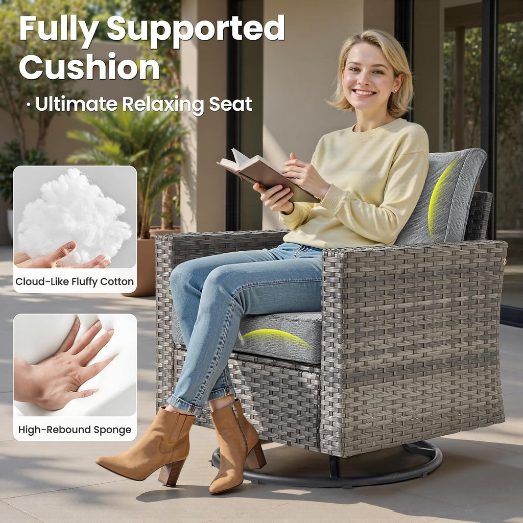 ovios 3 Pieces Patio Swivel Chairs with Side Table, Outdoor Wicker Rocking Chairs of 2 with Comfy Cushions, Rattan Glider Rocker Bistro Set for Porch Deck, Dark Grey