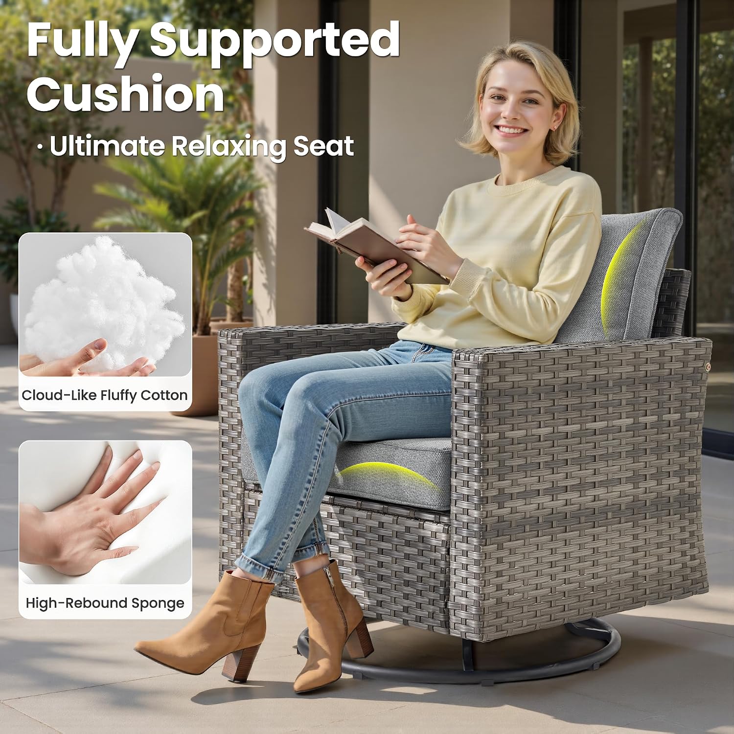ovios 3 Pieces Patio Swivel Chairs with Side Table, Outdoor Wicker Rocking Chairs of 2 with Comfy Cushions, Rattan Glider Rocker Bistro Set for Porch Deck, Dark Grey
