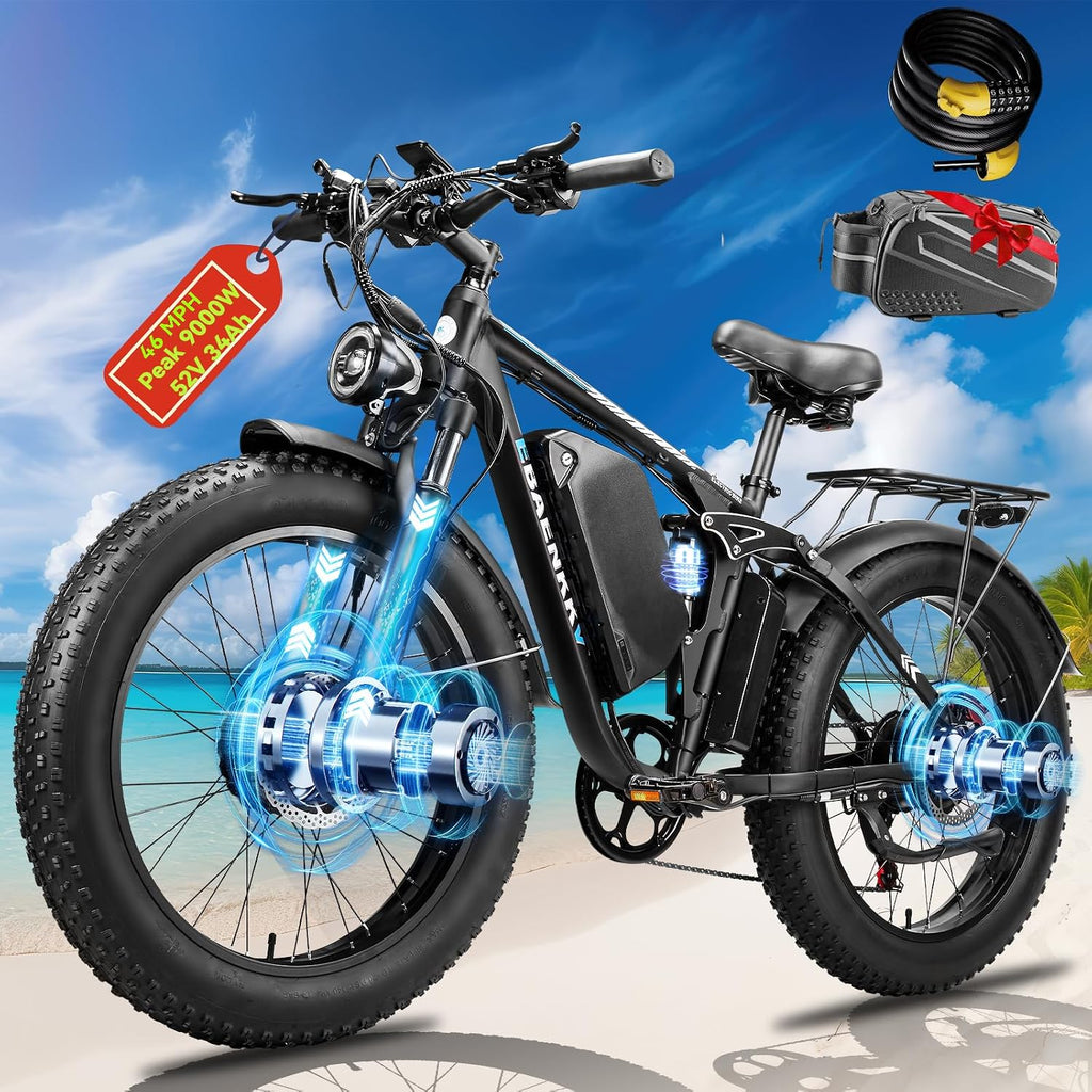 Peak 9000W Dual Motor Ebike for Adults,46MPH Fast Electric Bike 52V 34Ah Up to 100 Miles Long Range,24' Fat Tire Ebikes,SHM 7-Speed Full Suspension Electric Bicycle for Mountain Commuter Off-Road Snow