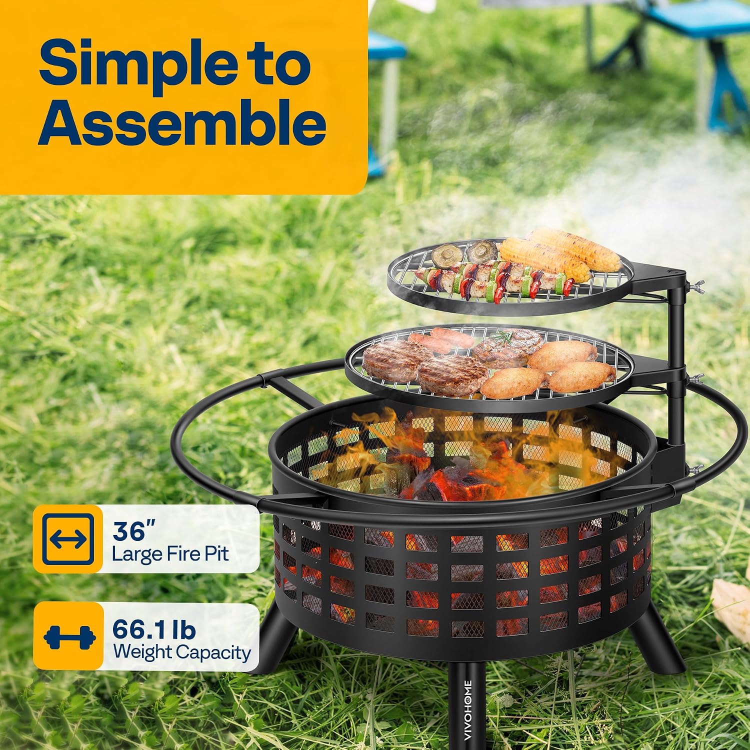 VIVOHOME 36-Inch Fire Pit with 2 Cooking Grill Grates, 2-in-1 Wood Burning Firepits with Spark Scrren & Waterproof Cover, Metal Grill for Backyard Bonfire BBQ Outdoor Camping Picnic