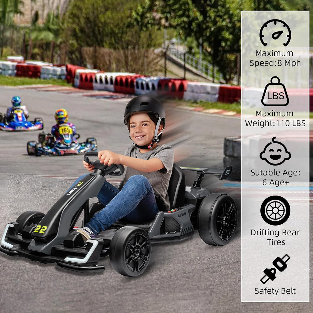 Nasitip 24V Electric Go Kart,300W Powerful Drift Kart for Kids, Electric Pedal Kart,with 300W Strong Motor, Drift/Sport Mode, Big Battery, Eva Tire,Length Adjustmen for Outdoor Racing Toy-Grey