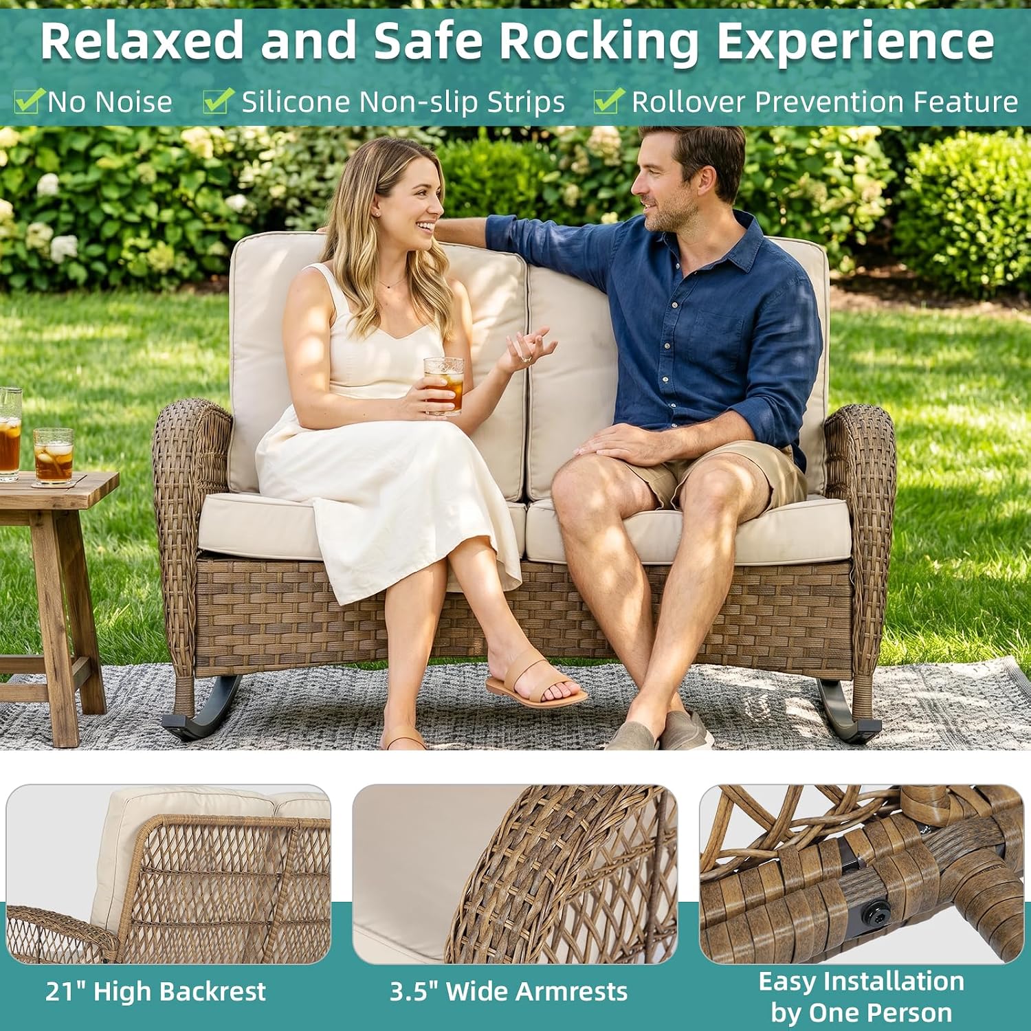 MEETWARM Wicker Patio Rocking Loveseat, Oversized Outdoor Double Rocking Chair with Cushions and High Back，All-Weather 2 Seat Sofa Bench Rocking Wicker Furniture for Garden Balcony Porch, Brown/Beige