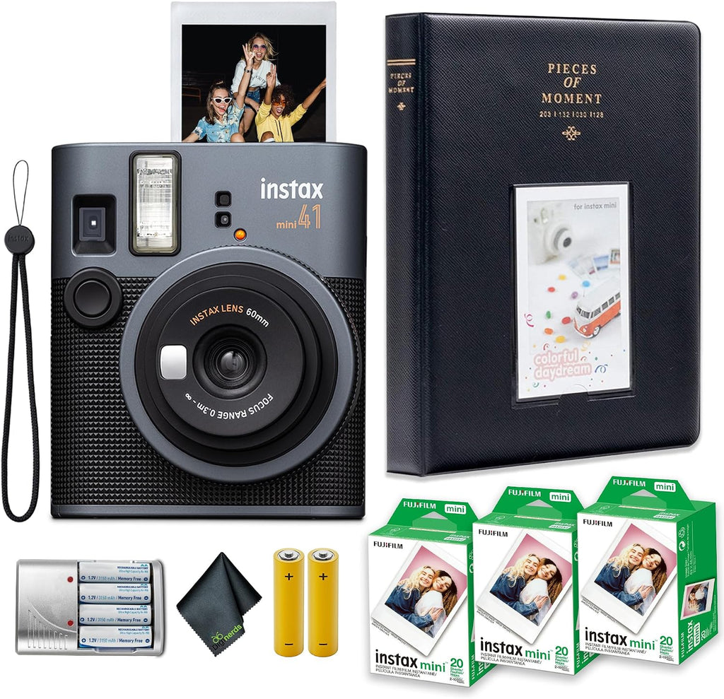 Fujifilm Instax Mini 41 Instant Film Camera Bundle with Instant-mini Film Value Pack (60 Sheets/Photos) + 4X Rechargeable AA Batteries with Charger + Photo Album – 64 Pockets + More