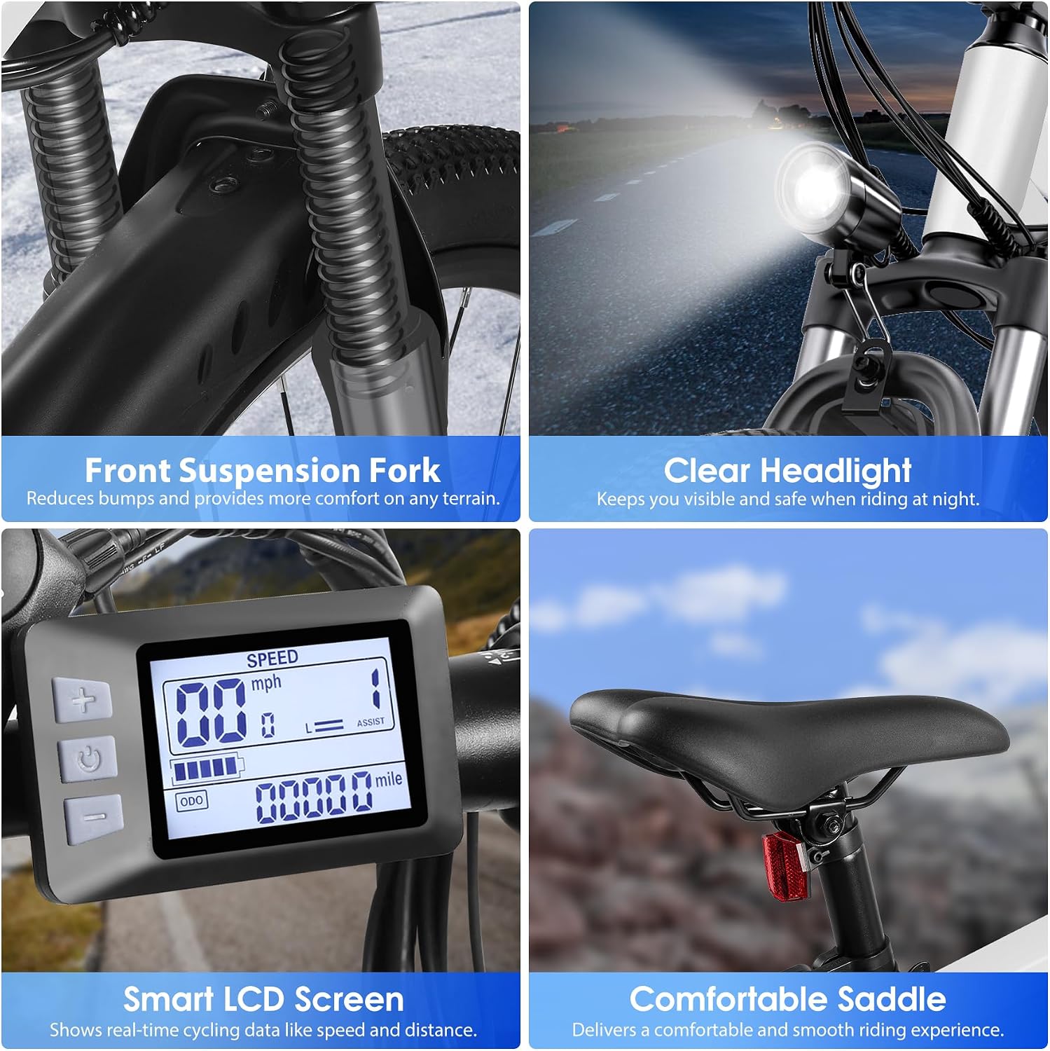Electric Bike for Adults, 26' Ebike with 1000W Peak Motor, 20MPH 50Miles Electric Mountain Bike with 48V Removable Battery, 7-Speed, Front Suspension, LCD Display, UL 2849 Certified
