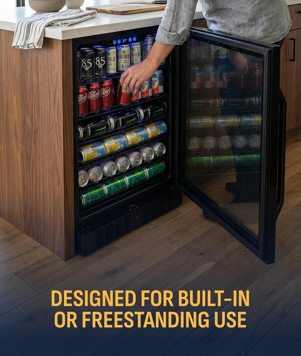 NewAir Beverage Refrigerator with Glass Door | 177 Can Mini Fridge for Bedroom, Dorm, Office, or Gaming Setup | Soda, Beer, and Wine Cooler | Black Stainless Steel