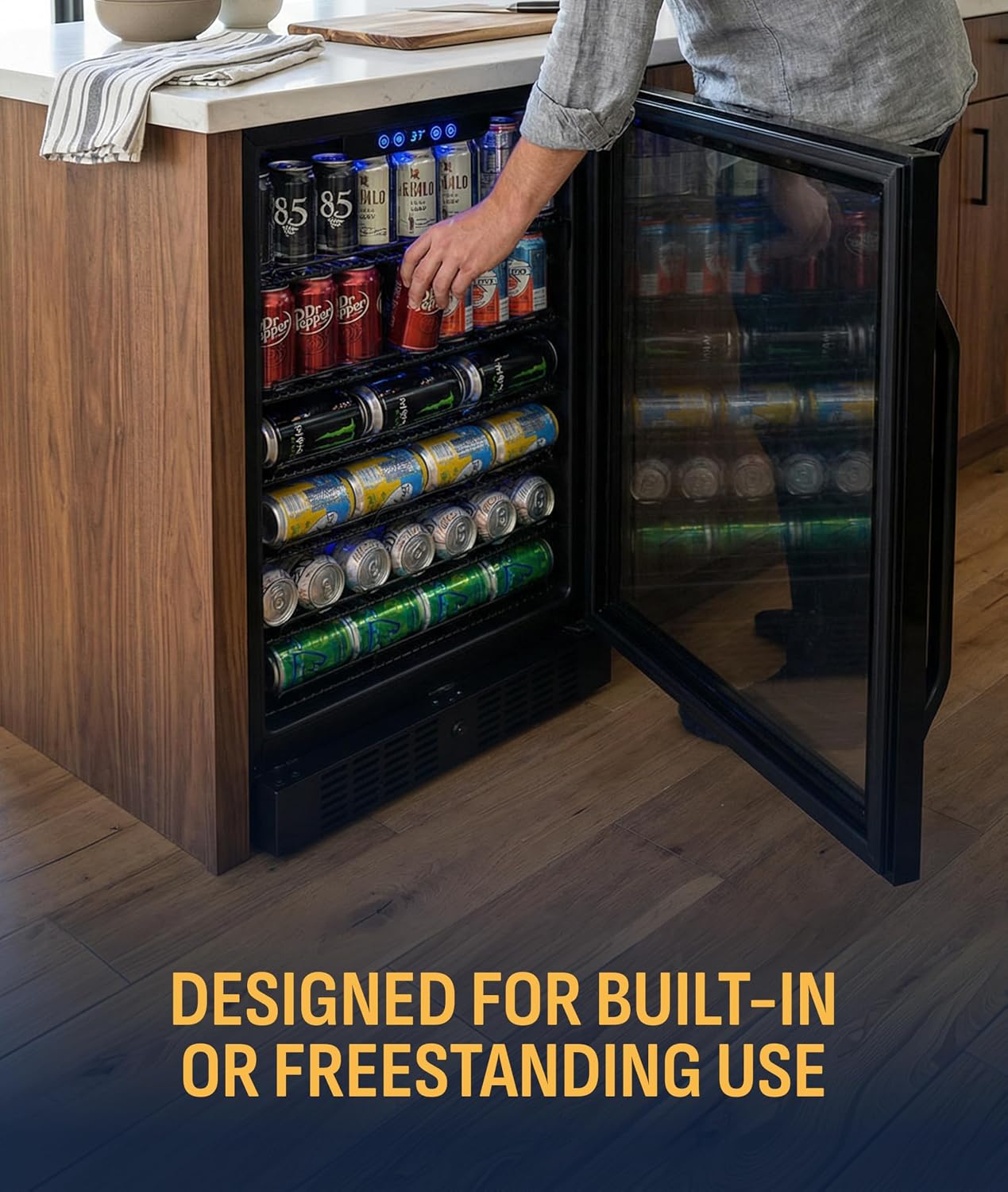 NewAir Beverage Refrigerator with Glass Door | 177 Can Mini Fridge for Bedroom, Dorm, Office, or Gaming Setup | Soda, Beer, and Wine Cooler | Black Stainless Steel
