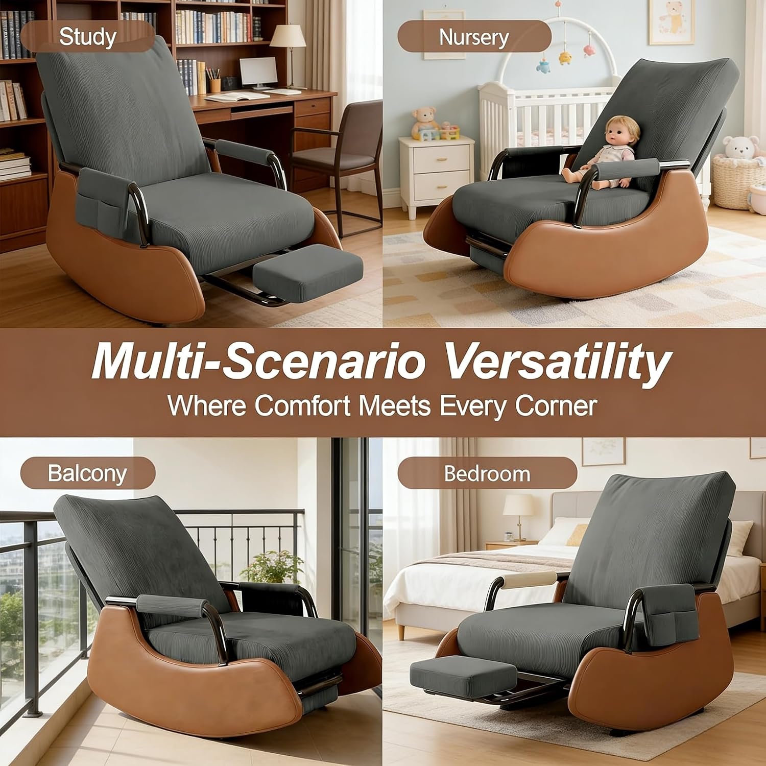 JPBSTO Rocking Chair Nursery, Upholstered Glider Rocking Chair with Side Pocket and Adjustable High Backrest, Foldable Rocker Recliner with Footrest Perfect for Living Room Bedroom, Deep Grey