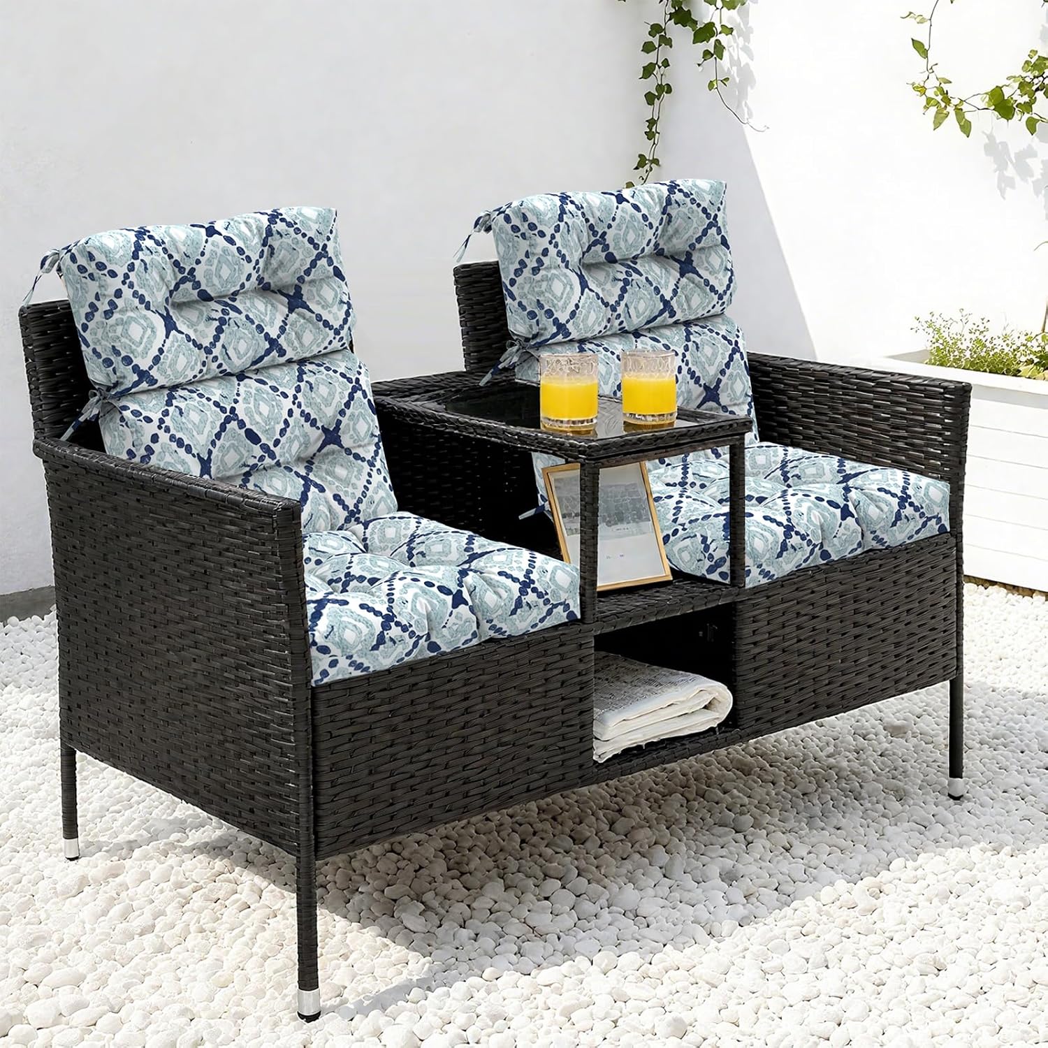 LVTXIII Outdoor Tufted High Back Cushions Set of 2 Patio Seasonal Replacement Rocking Chair Cushion with Ties, Solid Seat and Back Chair Cushion, (44' L x 22W', Boho Geometry Blue)