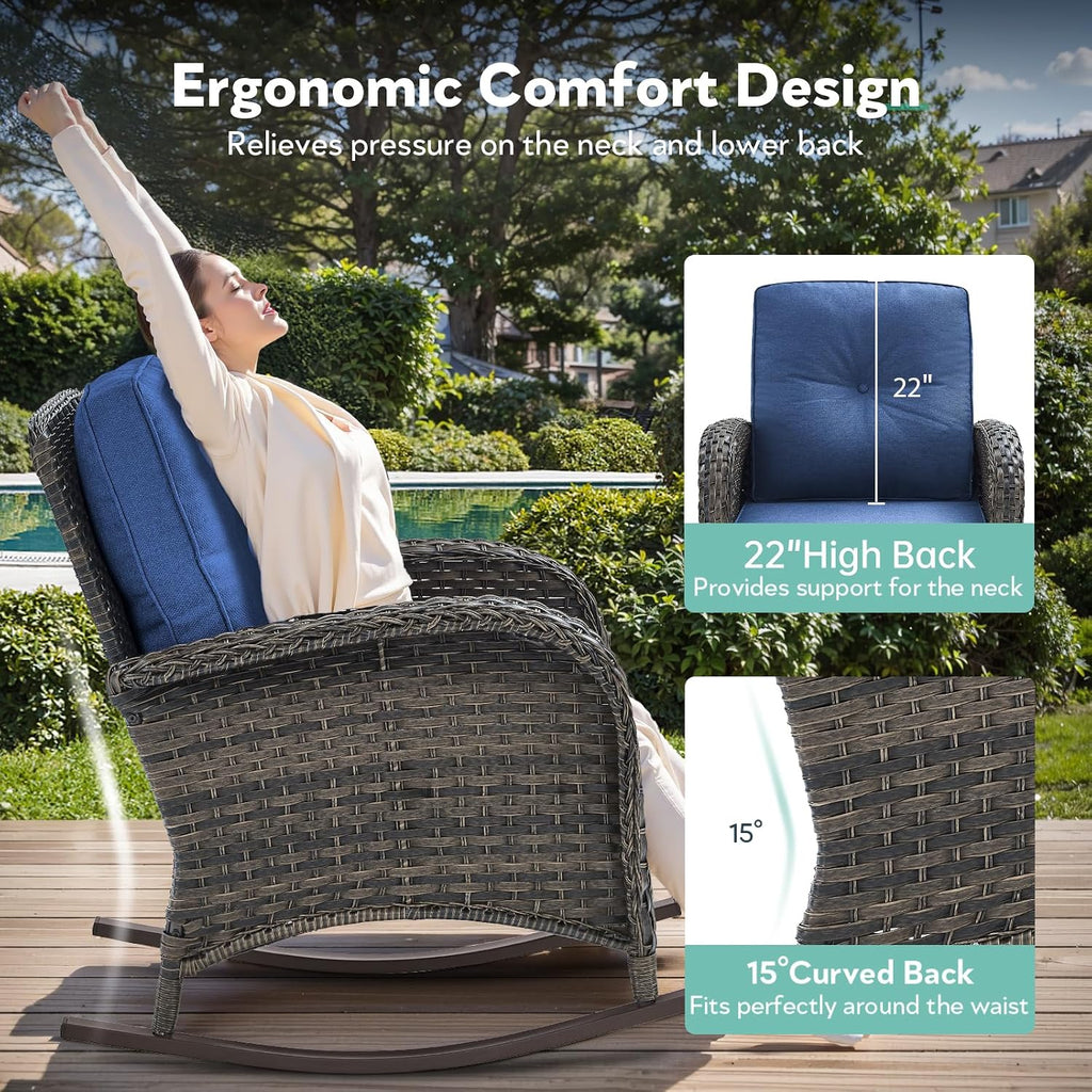 Patio Rocking Chair - 3 Peices Outdoor Wicker Rocker Porch Chair Set with Tempered Glass Side Table, 300 Lb Weight Capacity Rattan Seating for Balcony Garden Brown-Blue