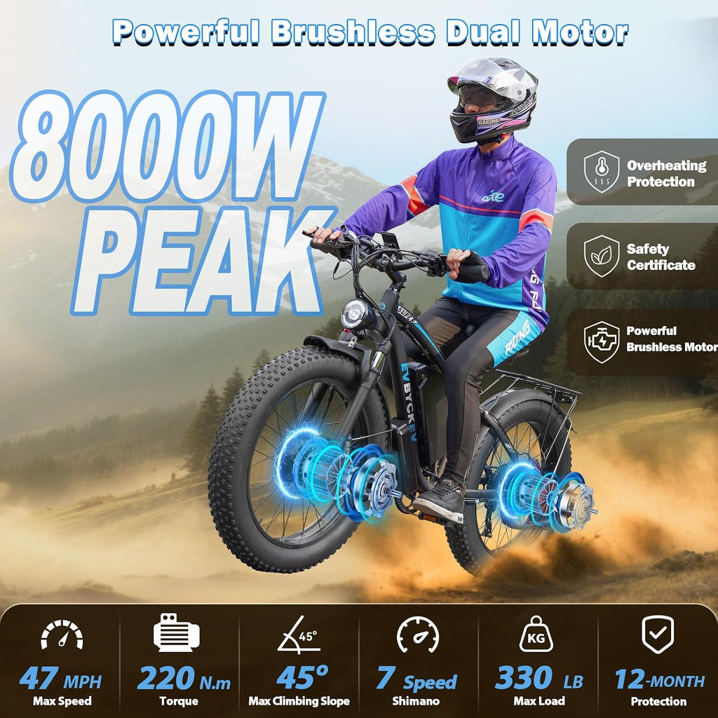 60V Electric Bike,8000W Peak1768WH Dual Motor Ebike for Adults,42-47MPH Up to 100Miles Fast Mountain Ebike, 24Inches Fat Tire E Bike,Lockable Suspension E-Bike for Snow Hunting Off-Road Sand