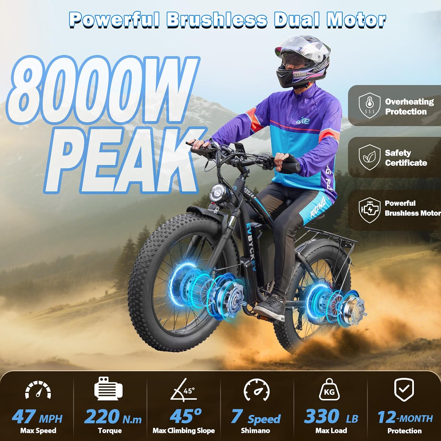60V Electric Bike,8000W Peak1768WH Dual Motor Ebike for Adults,42-47MPH Up to 100Miles Fast Mountain Ebike, 24Inches Fat Tire E Bike,Lockable Suspension E-Bike for Snow Hunting Off-Road Sand